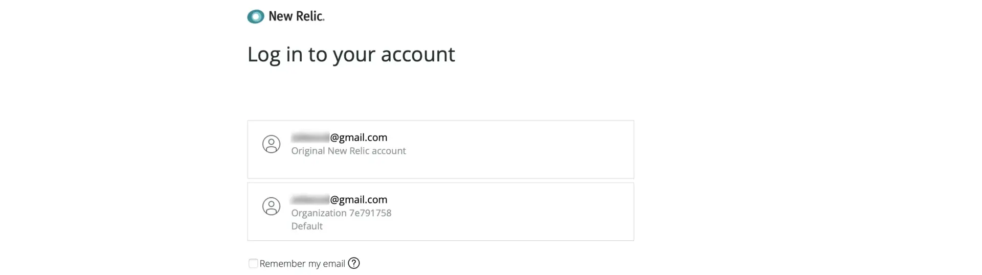 Login UI for email addresses with multiple user records A screenshot of what is shown when you have an email address associated with multiple New Relic logins
