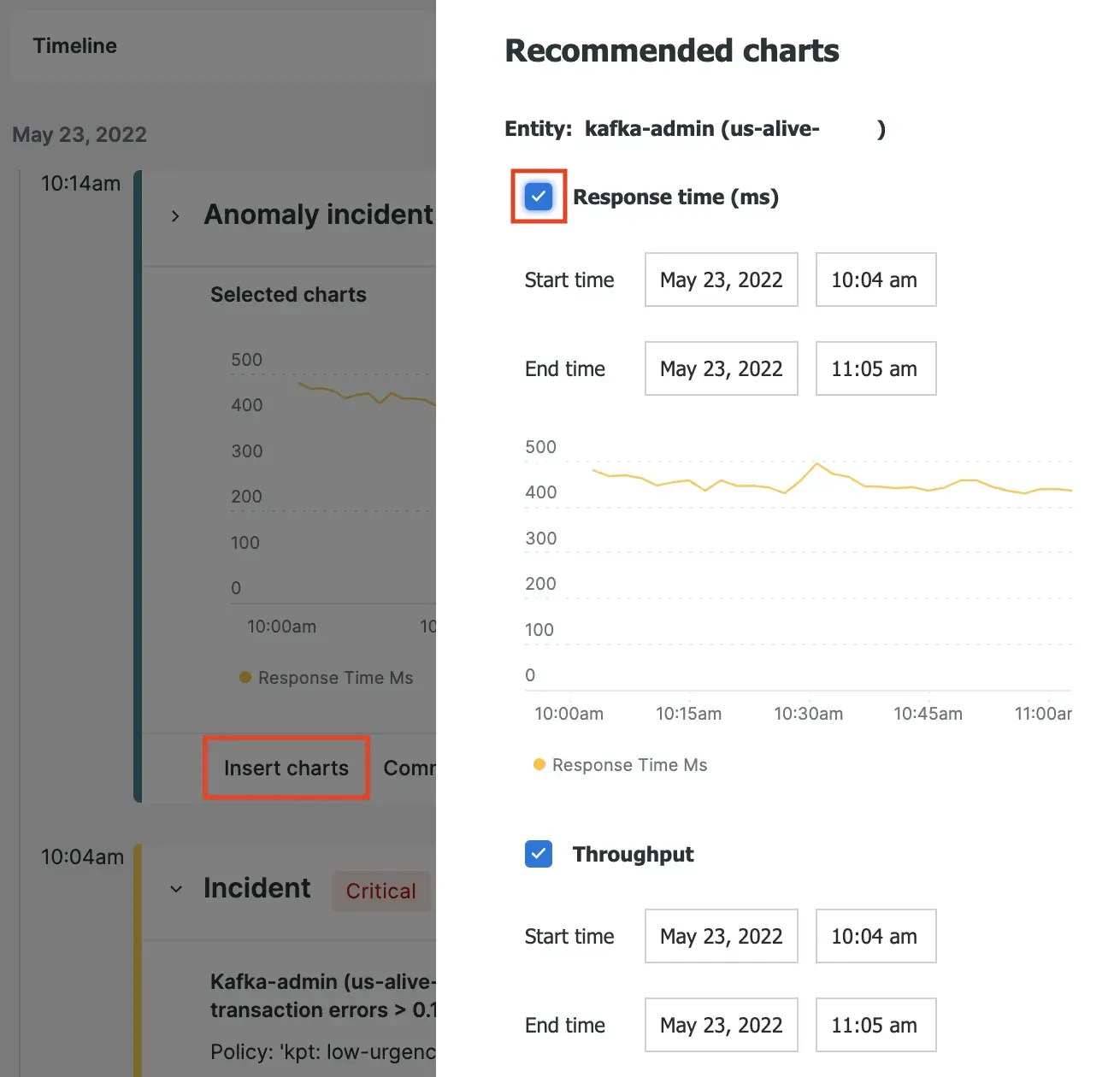 Postmortem recommended charts A screenshot of recommended charts for a specific postmortem event.