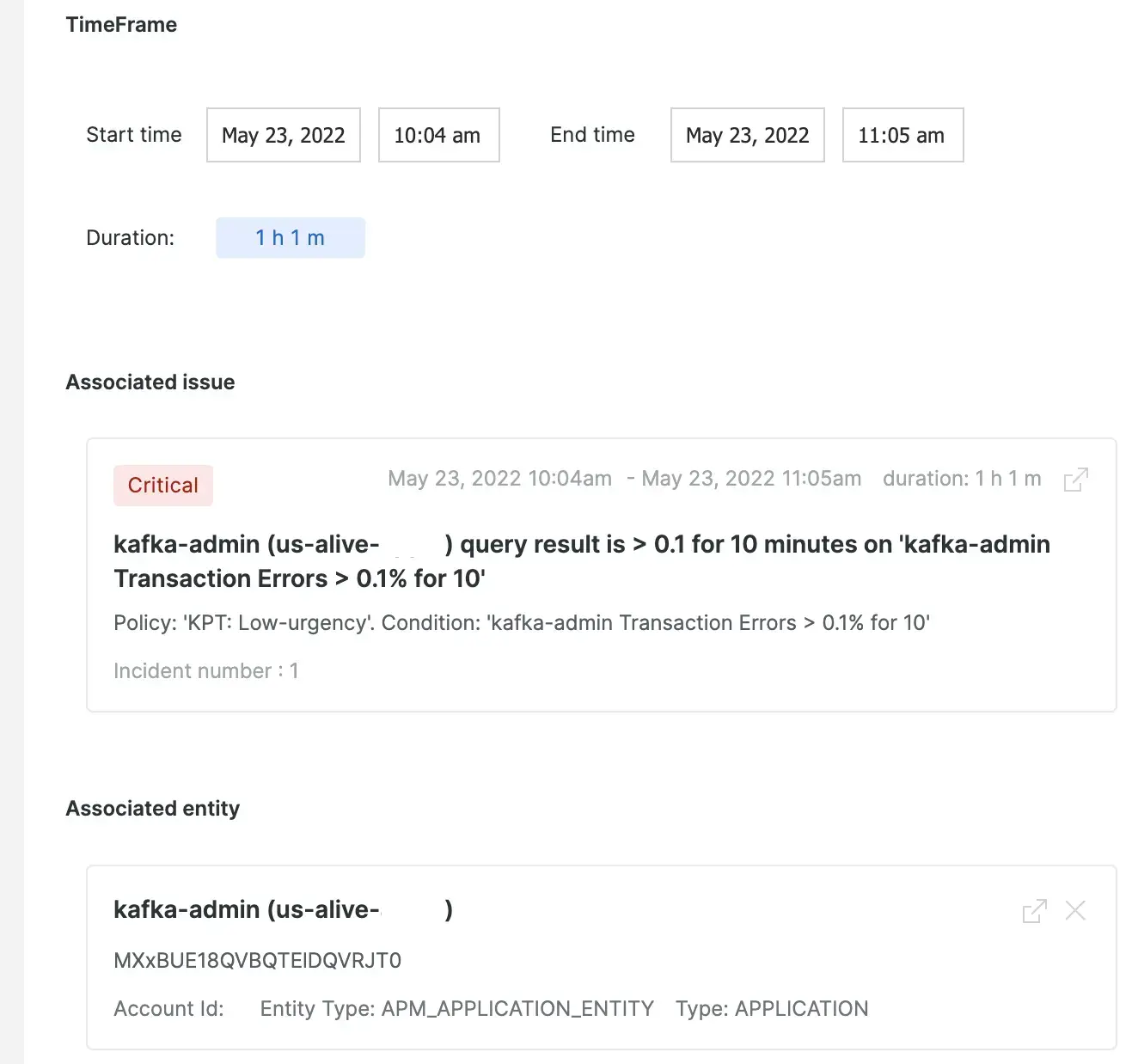 Postmortem metadata A screenshot of the postmortem page showing associated issues and entities, as well as the time frame.