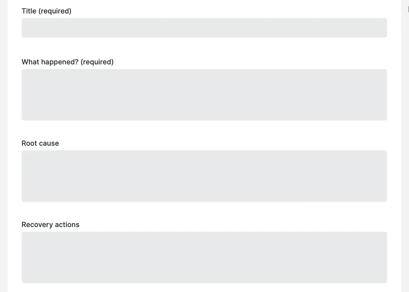 Postmortem context fields A screenshot of the postmortem reporting free text fields