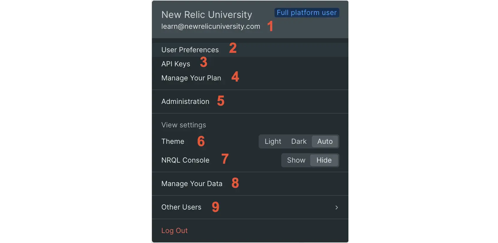 image of the New Relic user menu image of the New Relic user menu
