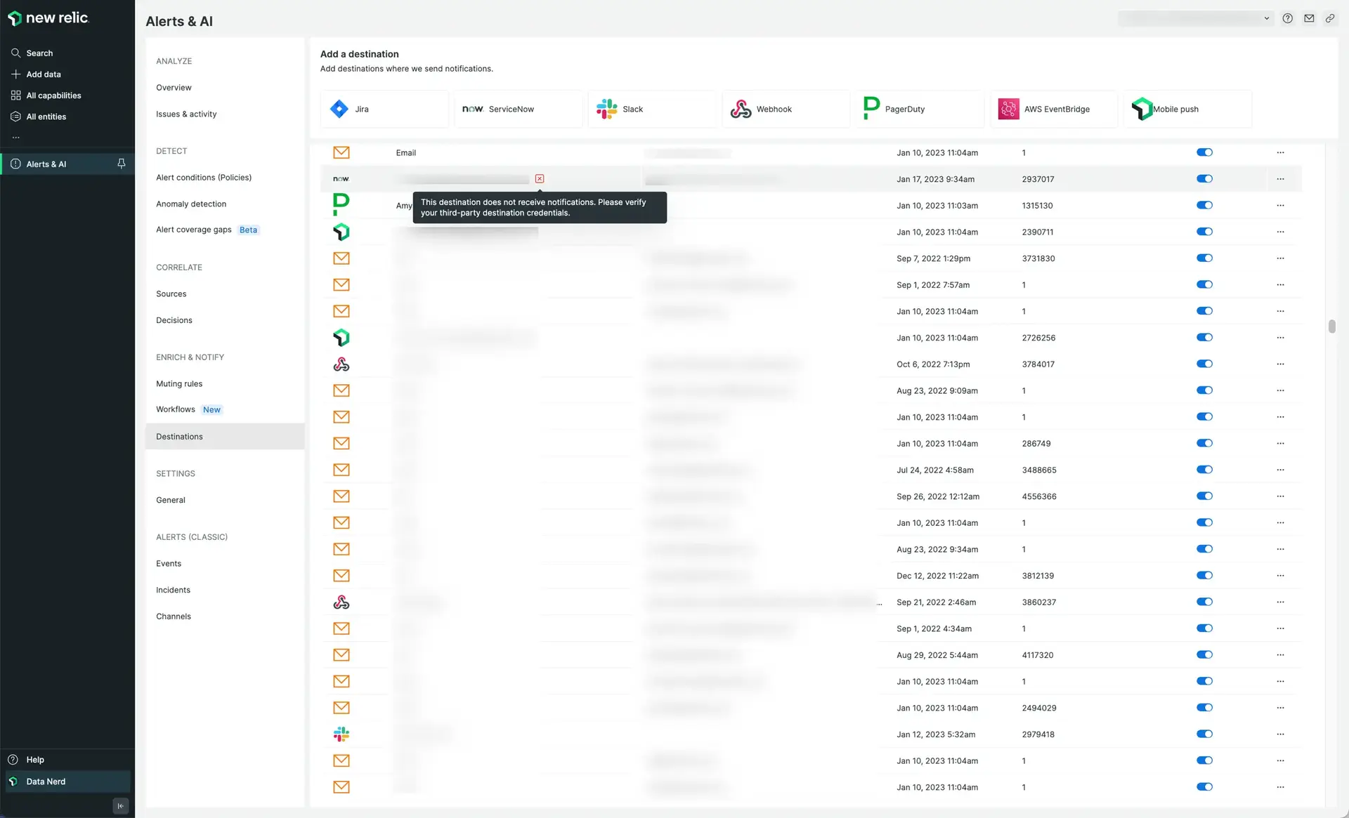 Destination status in the Destinations table. Destination status in the Destinations table.