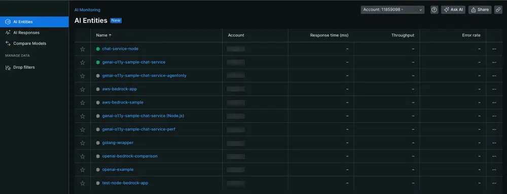 AI entities page A screenshot of the first page you see when you click AI Monitoring. View aggregated data, compare your AI models, or create drop filters.