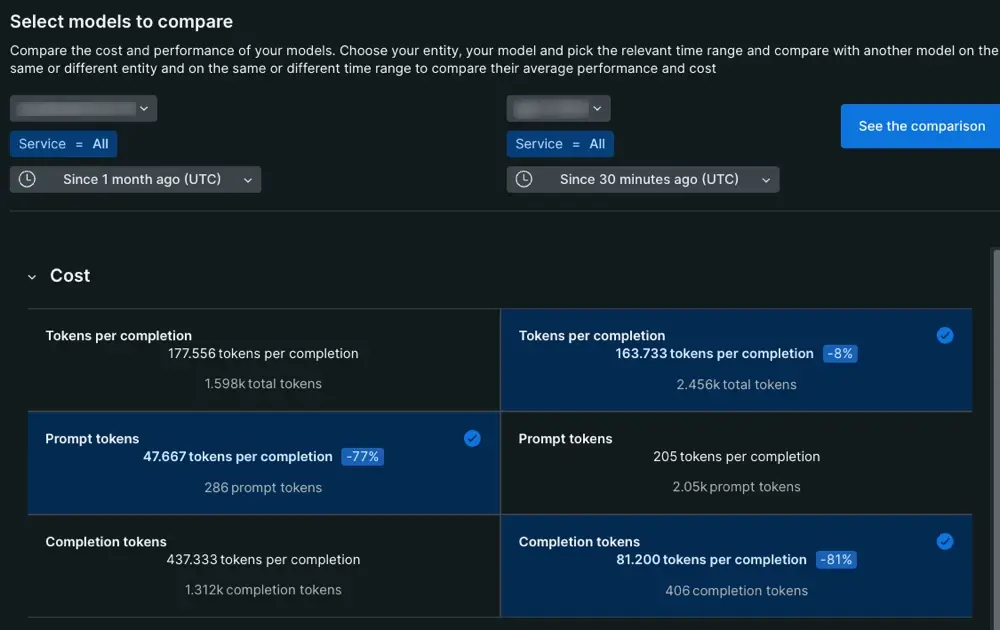 Model comparison page: Performance A screenshot of model comparison