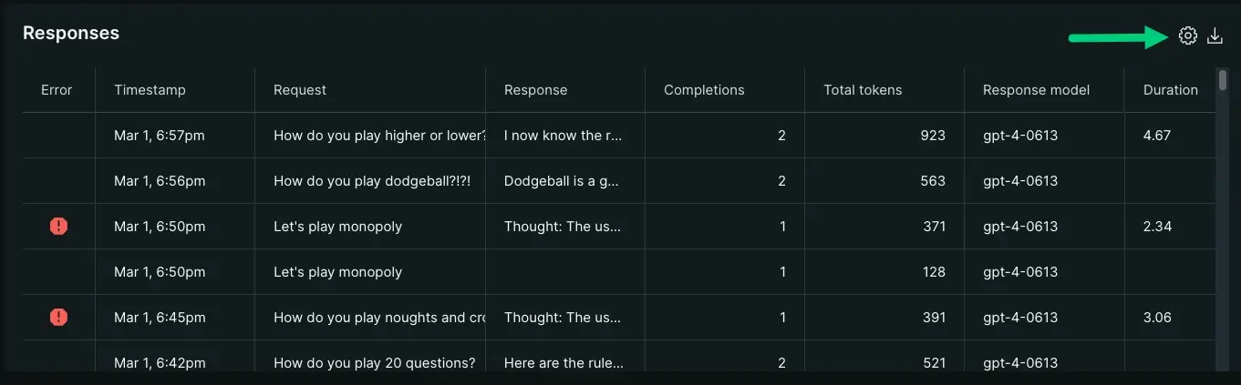 AI response page response table A cropped screenshot displaying the response table from the AI responses view