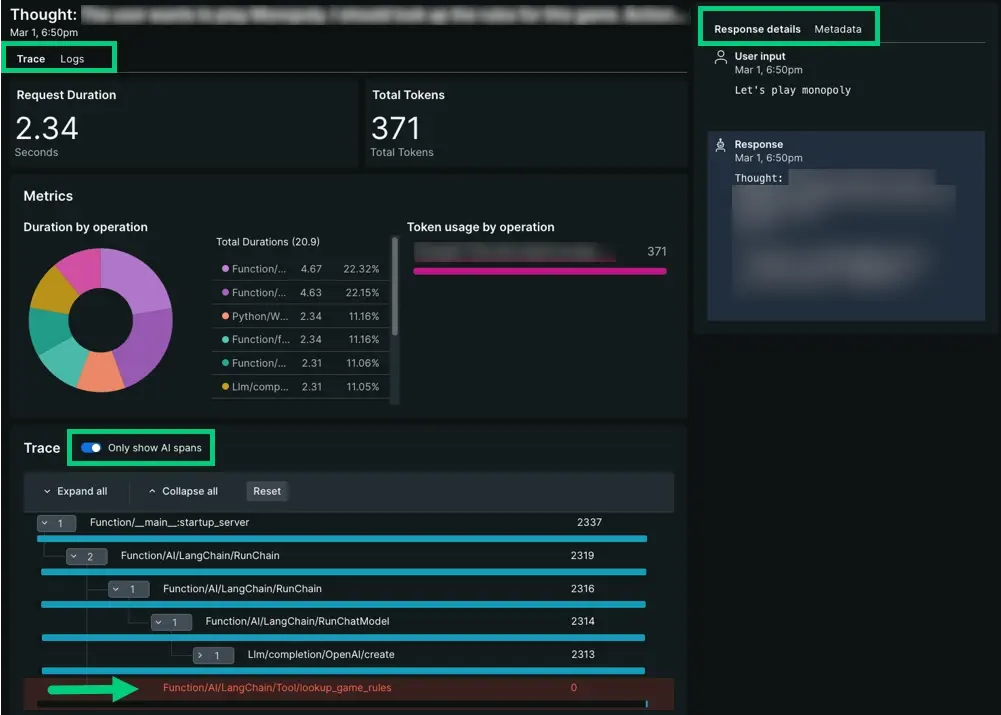AI response trace view A screenshot of the trace view for a particular AI response
