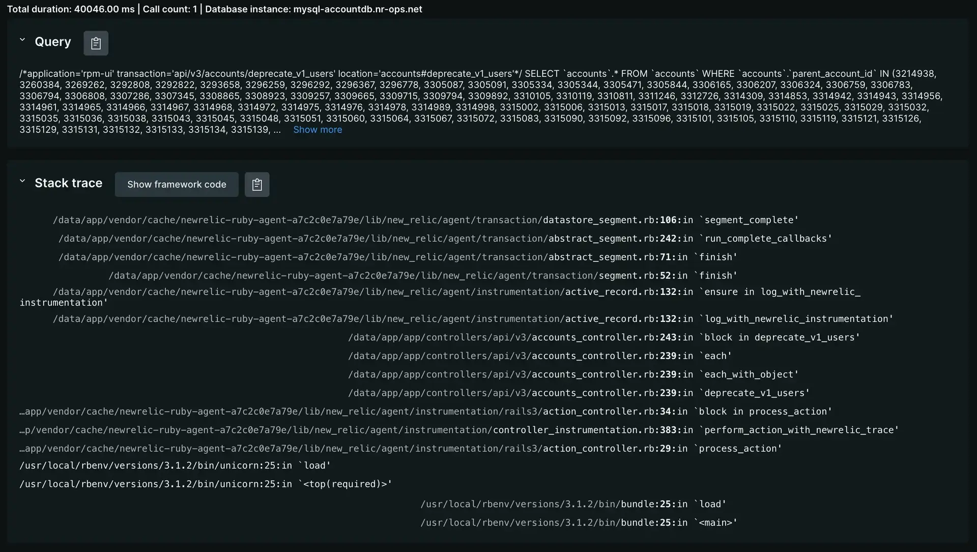 transaction trace stacktrace view A screenshot showing the stacktrace view of a transaction trace in the UI