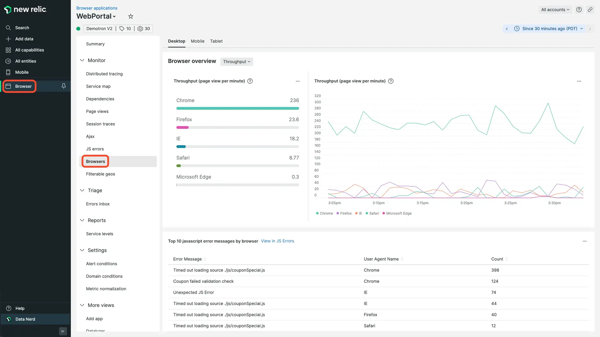Browsers UI A screenshot of the Browsers UI in New Relic