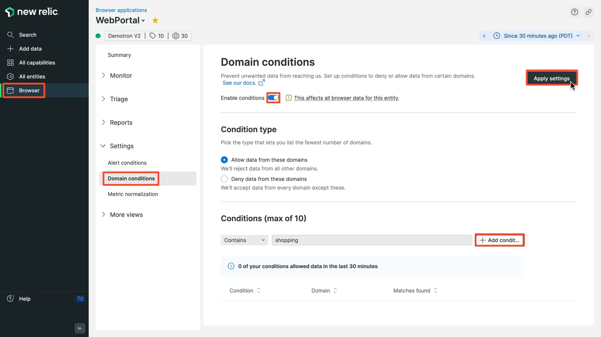 Browser monitoring domain conditions UI A screenshot of the browser monitoring domain conditions UI