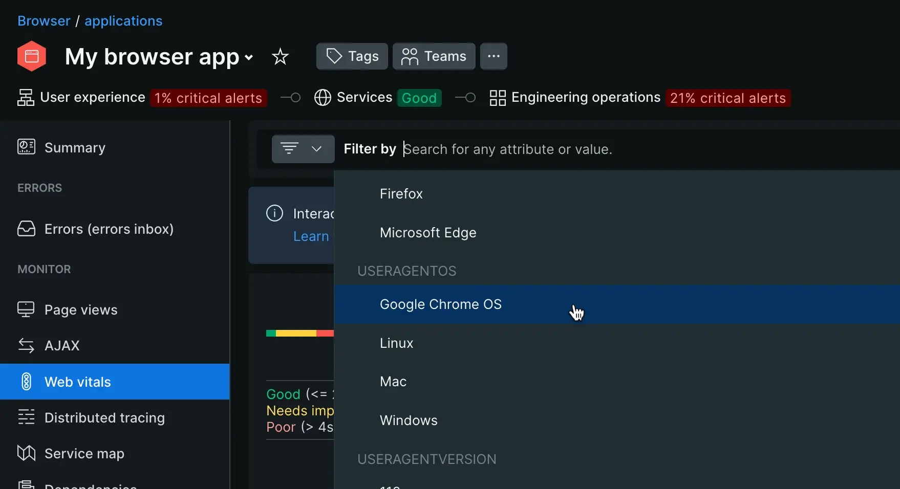 Use the filter tool to filter core web vitals by key attributes Filter by key attributes