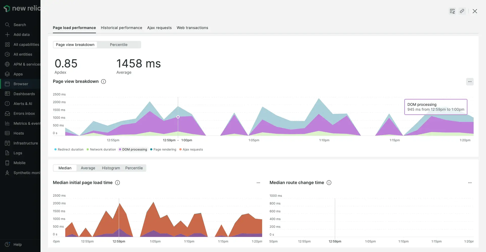 Page view details A screenshot of the page view details UI in New Relic