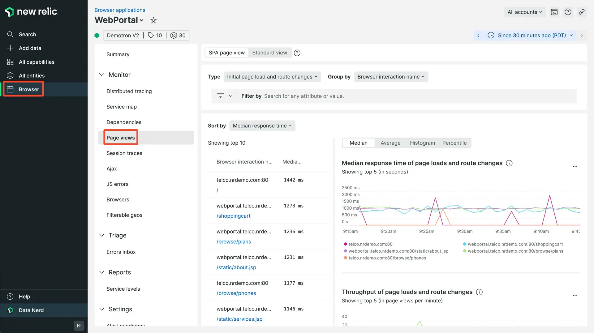 Page views UI overview A screenshot of the Page views UI in New Relic