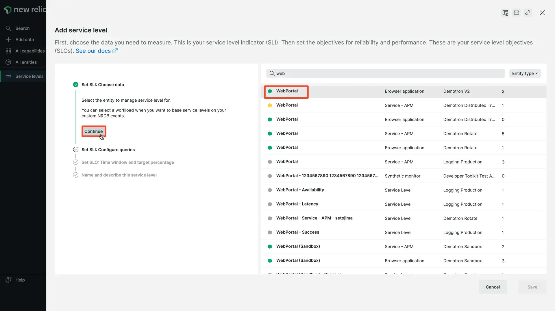 Browser monitoring service levels UI A screenshot of the browser monitoring service levels UI