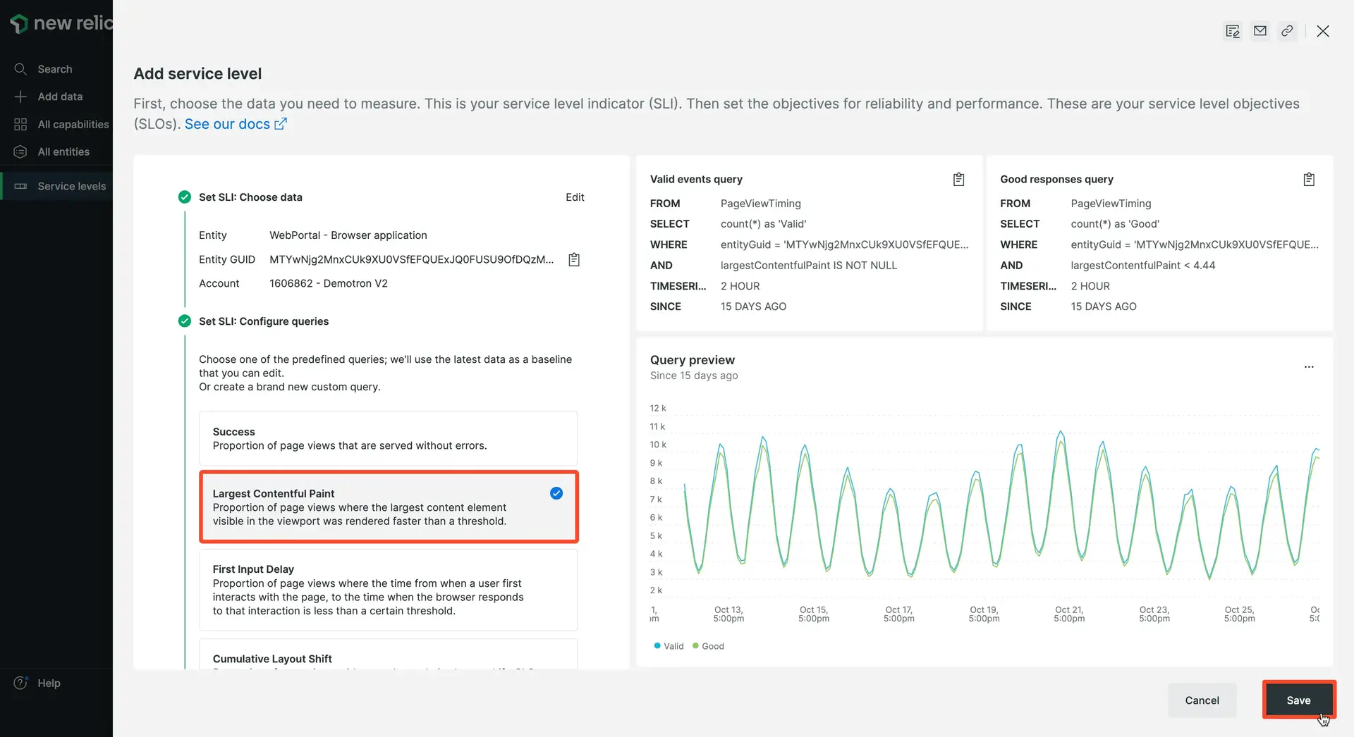 Metrics for the browser monitoring service levels UI A screenshot of metrics for the browser monitoring service levels UI