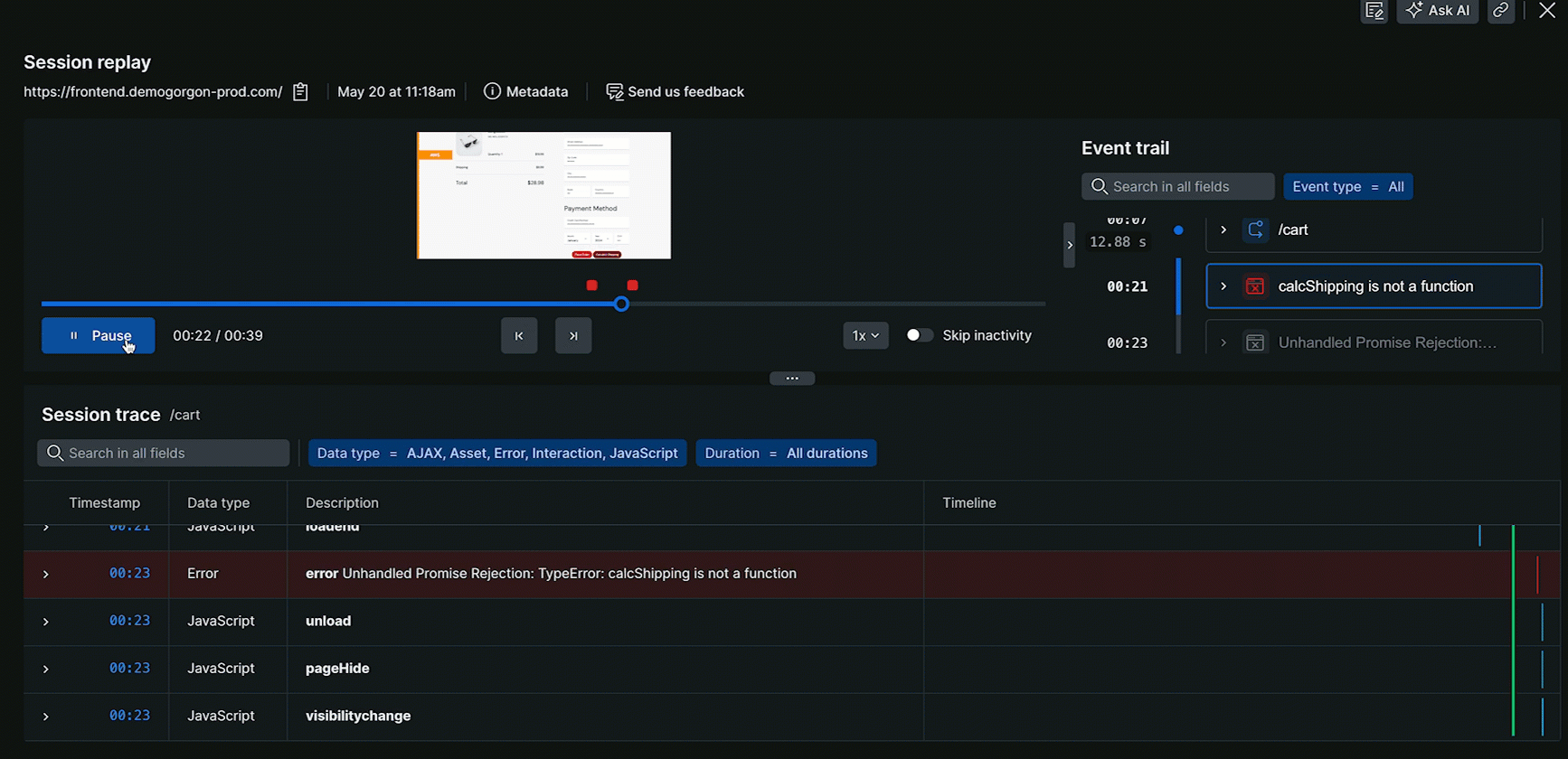 Session replay details Screenshot of session replay details