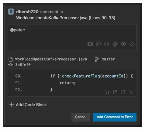 A comment with the most recent code contributor automatically mentioned. A screenshot of a comment with the most recent code contributor automatically mentioned.