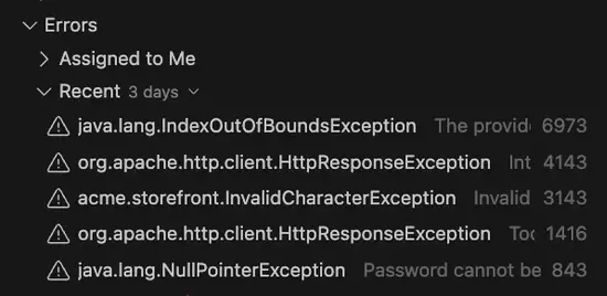 The list of recent errors in CodeStream. A screenshot of the list of recent errors in CodeStream.