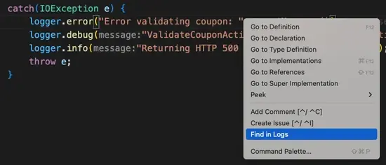 Search for a specific log line. A screenshot of the Find in logs context menu option.