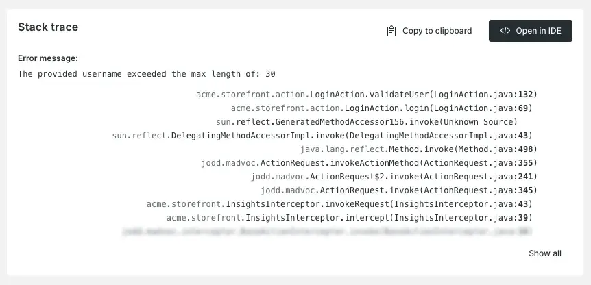 A stack trace error in errors inbox with the "Open in IDE button A screenshot of a stack trace error in errors inbox with the "Open in IDE button."