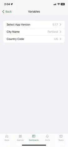 mobile dashboards filtered by variable A screenshot showing variable filters for New Relic mobile dashboards.