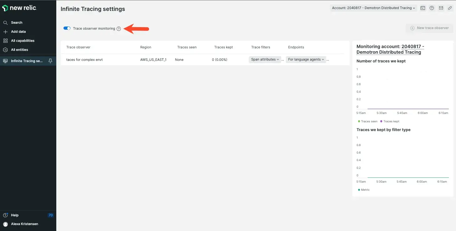 Screenshot showing what appears in Infinite Tracing settings if you don't have access to the monitoring account that is receiving metrics. Screenshot showing what appears in Infinite Tracing if you don't have access to the monitoring account that is receiving metrics.