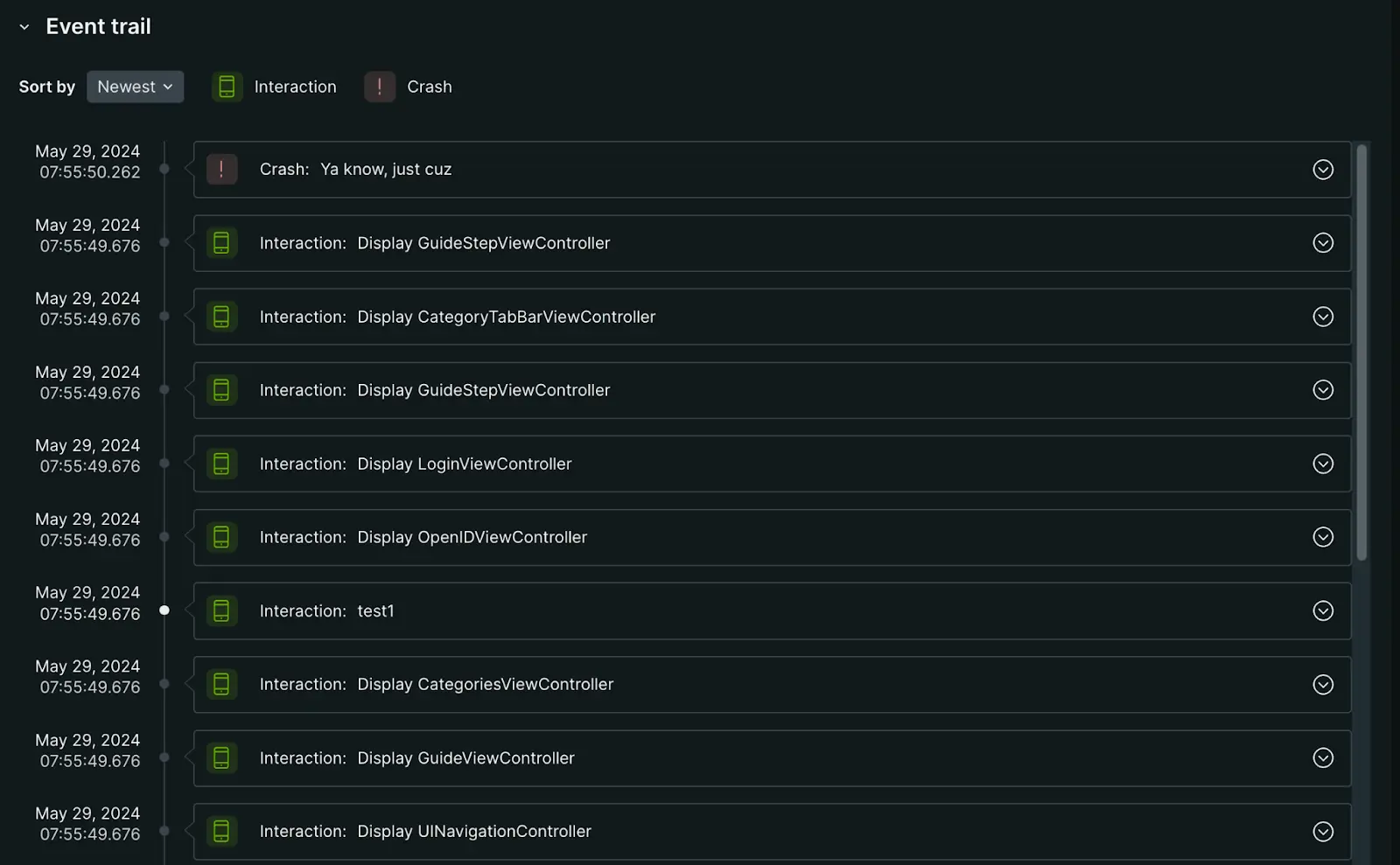 group crashes event trail A screenshot showing the event trail for group crashes in the UI
