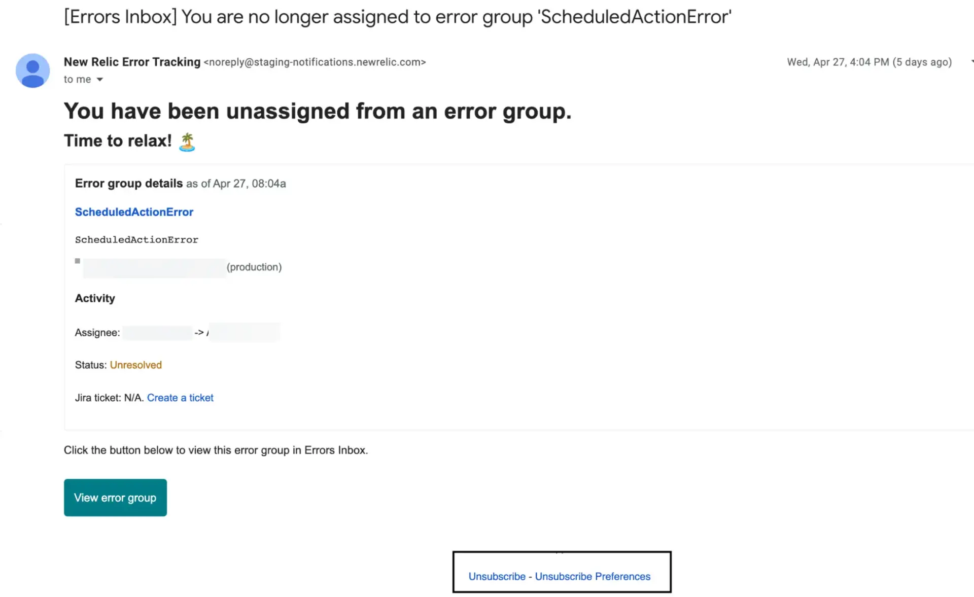 Unassigned user email example A screenshot of an example email someone sees when they're unassigned from an error group.