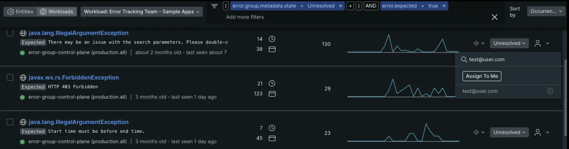 The assigned user dropdown A screenshot that highlights the right side of an error group where the assigned user dropdown is.