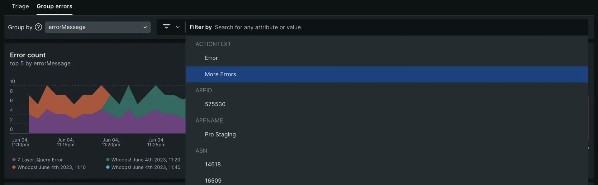 browser group errors list view A screenshot depicting the browser group errors list view.