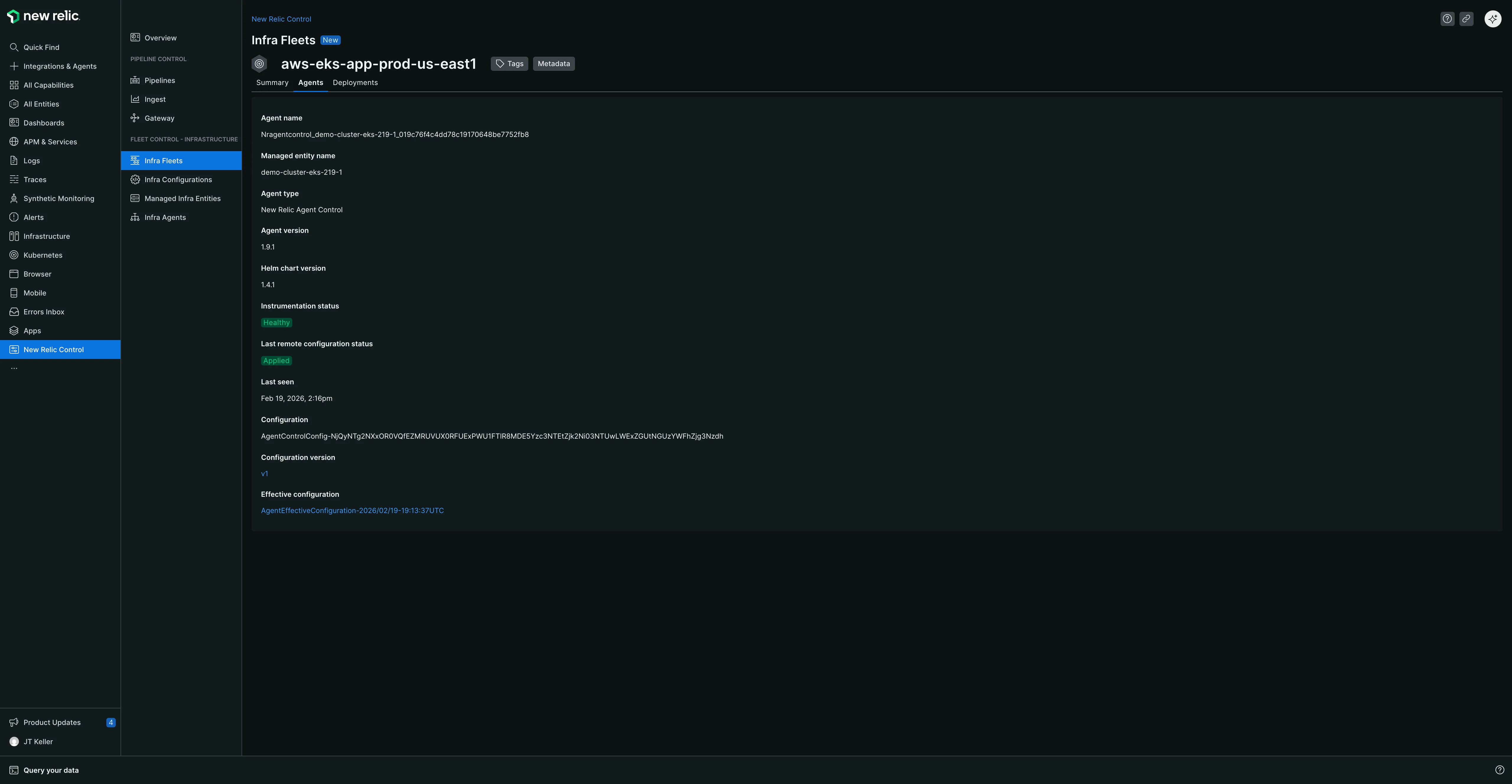 Agent detail view Detailed agent information showing agent name, managed entity, agent type, version, Helm chart version, instrumentation status, remote configuration status, last seen timestamp, configuration hash, configuration version, and effective configuration link.