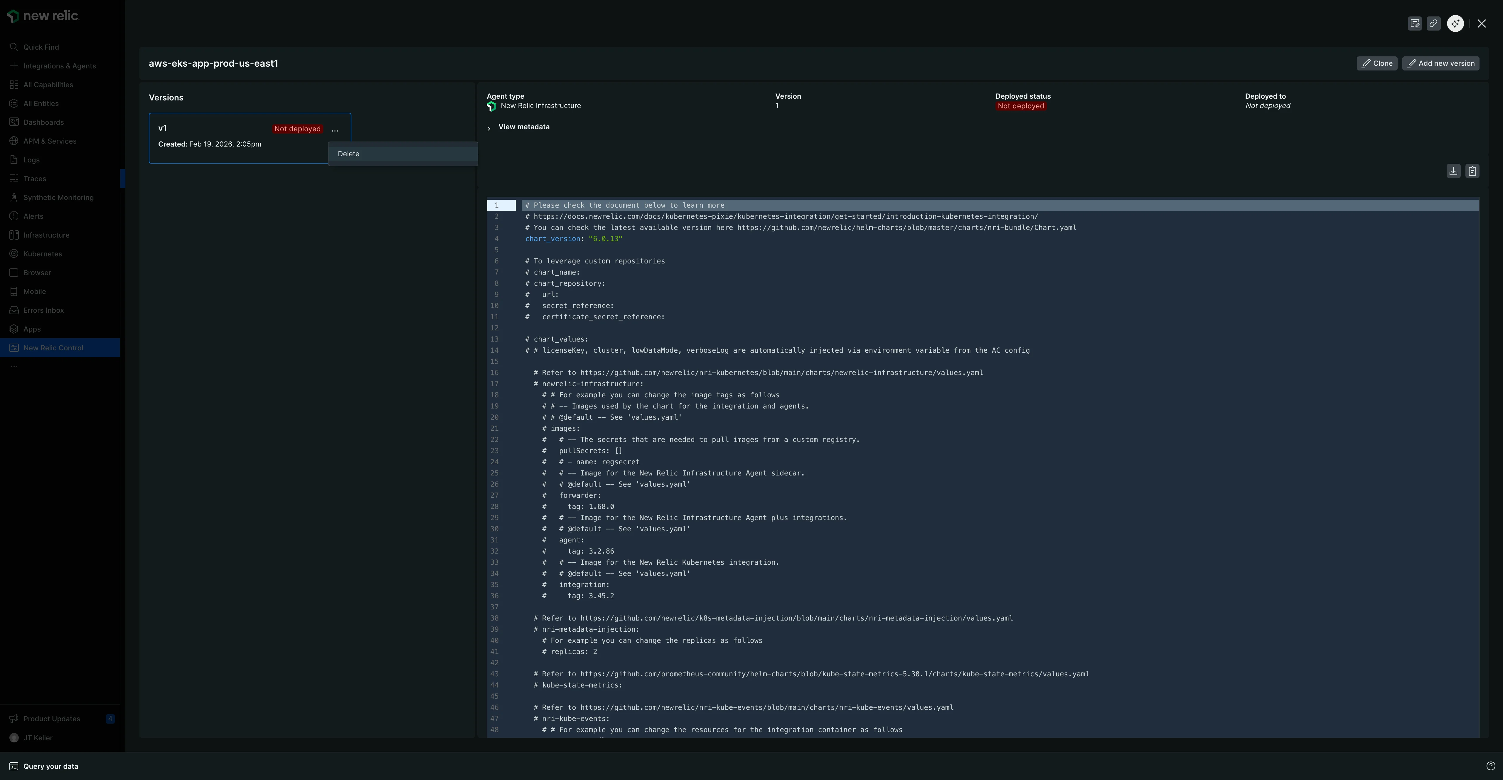 Configuration version view Configuration details showing version selectors demonstrating the ability to view, select, and delete different configuration versions.