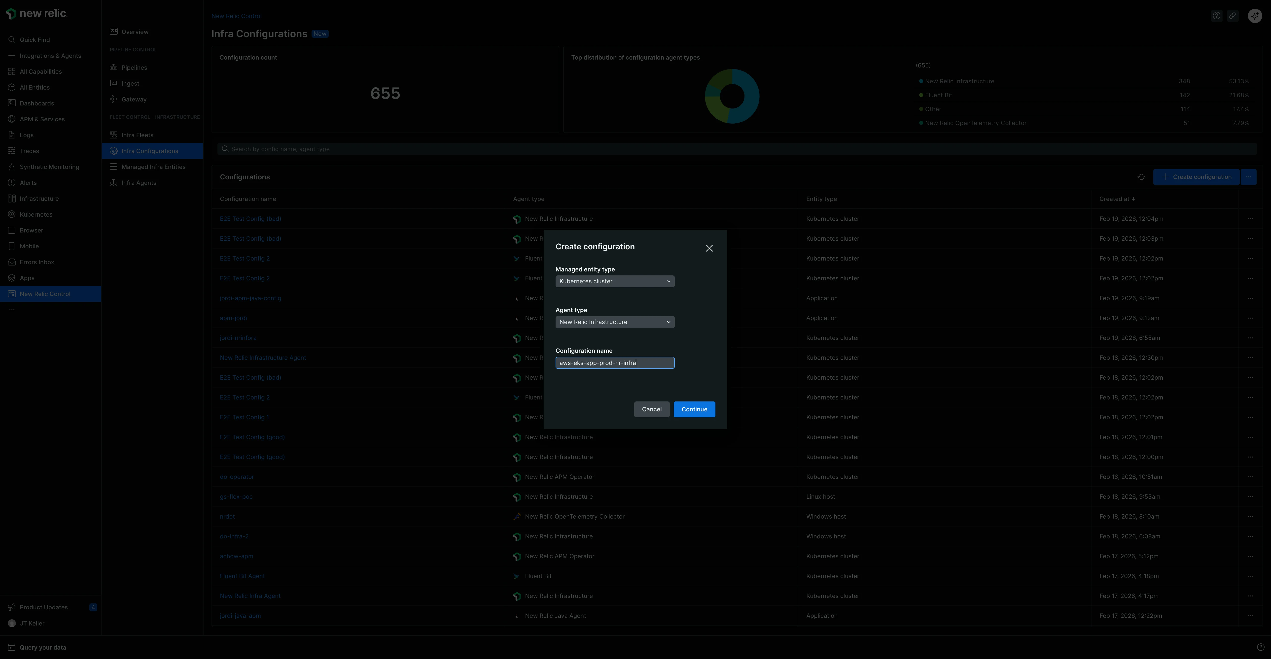 Create configuration modal The Create configuration modal with dropdown fields for selecting Managed entity type, Agent type, and a text field for entering the configuration name.