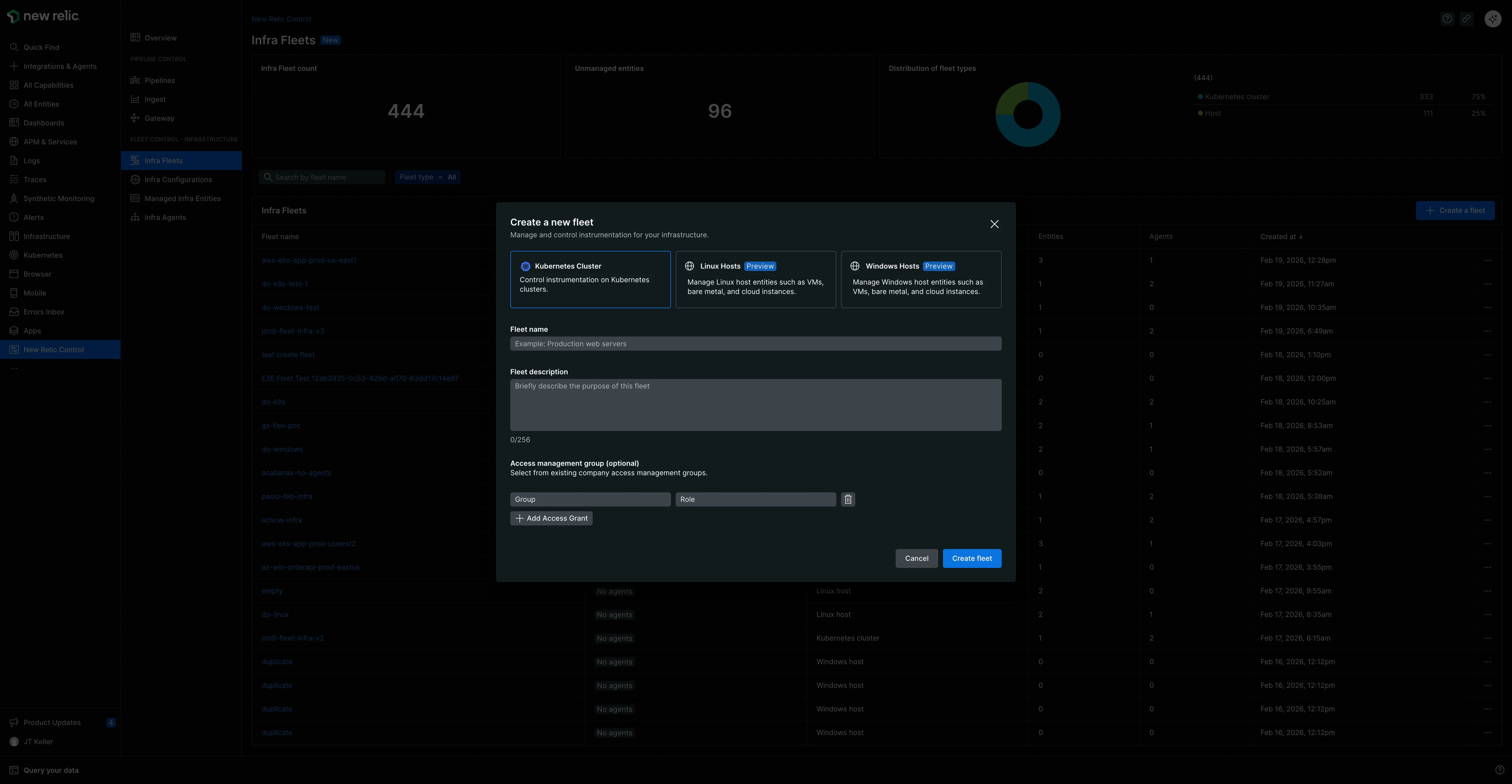 Create fleet modal The Create a fleet modal with input fields for fleet name and description, Type of Fleet selection, Access management options, and Create Fleet button.