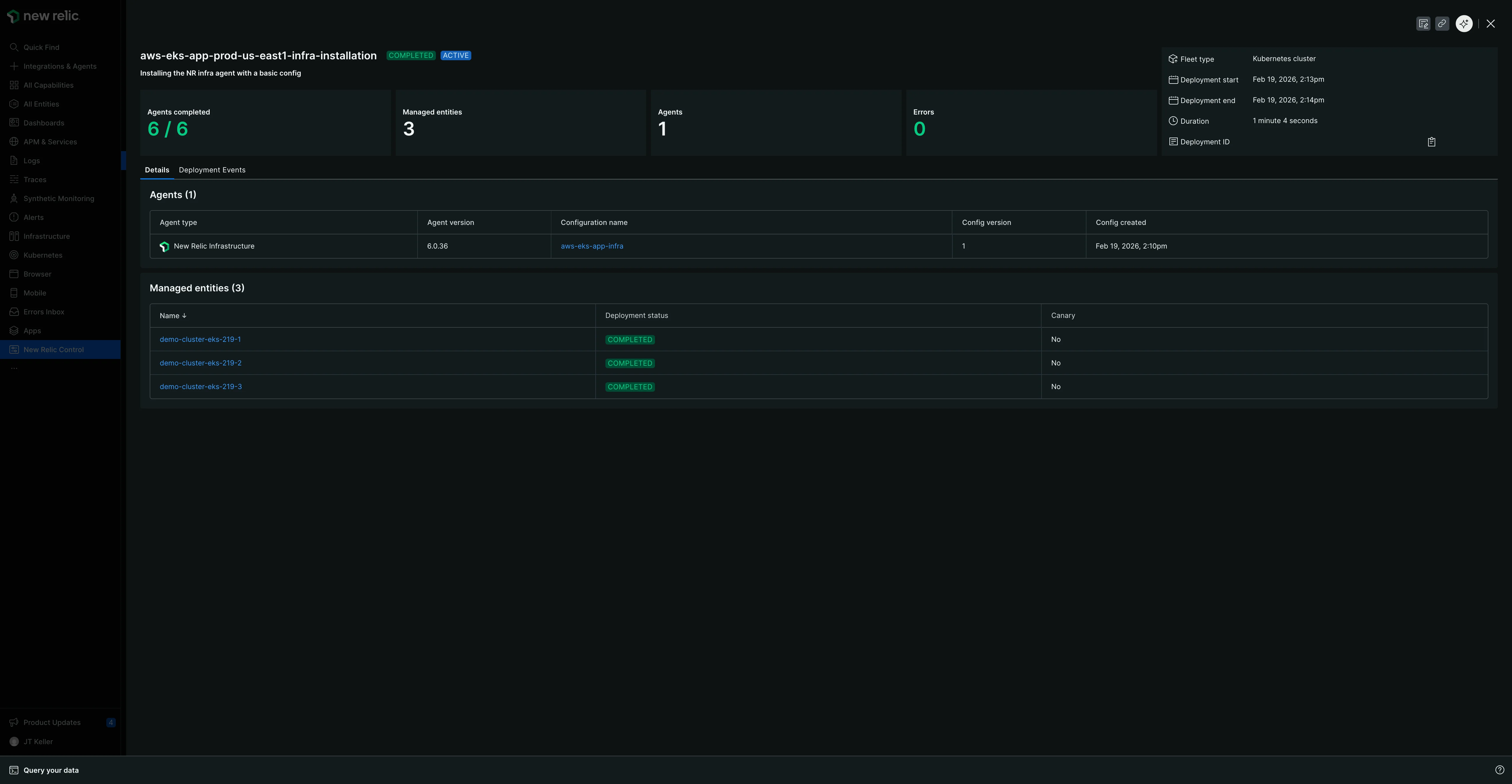 Deployment complete The completed deployment summary showing COMPLETED status, final statistics for agents and managed entities, Details and Deployment Events tabs, and tables showing deployment results.