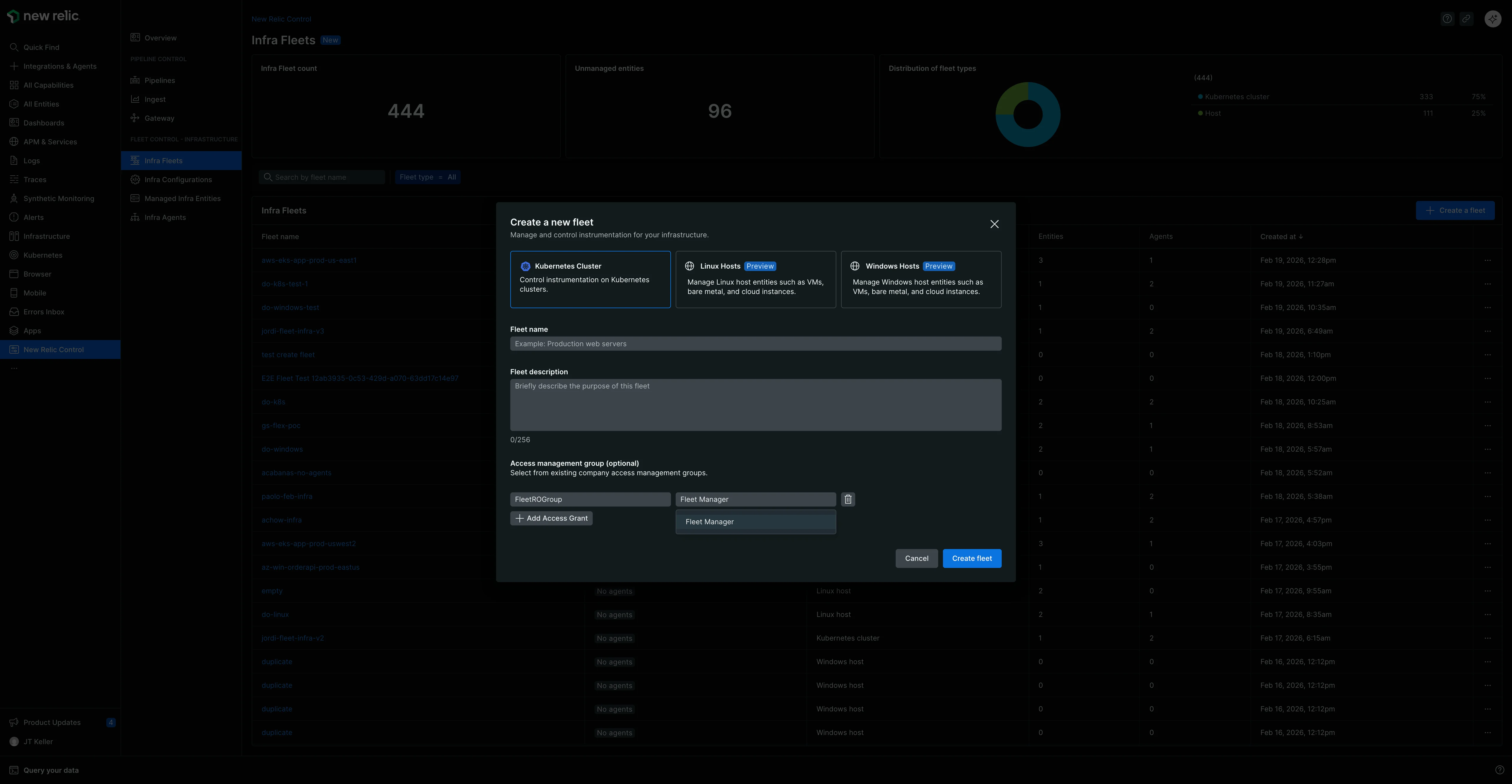 Fleet permissions configuration The Create a fleet modal with the Access management section expanded, showing dropdowns to select an existing group (FleetROGroup) and role (Fleet Manager) for fine-grained access control, with an Add Access Grant button.