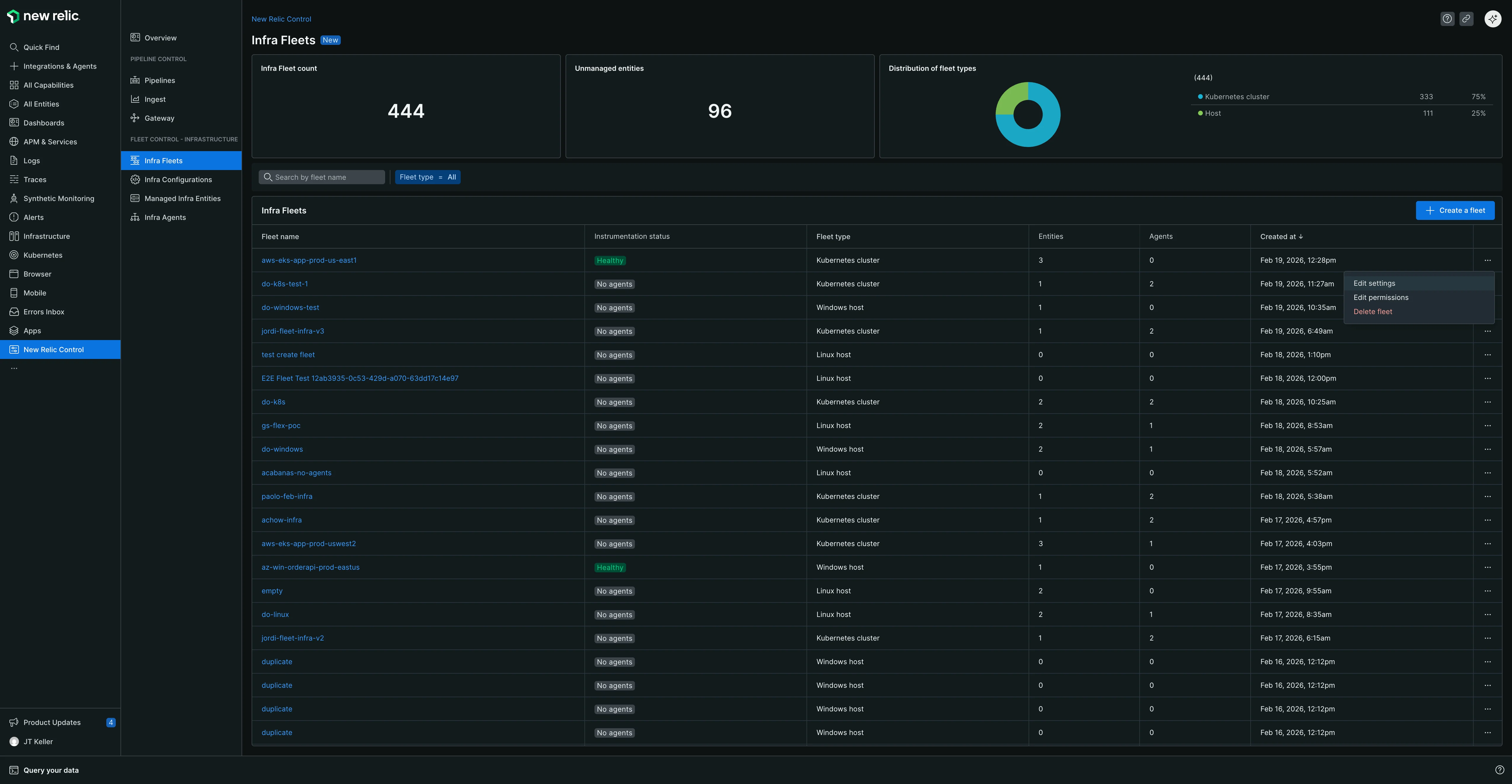 Fleet actions menu Fleet actions menu revealed by clicking the ellipsis button in a fleet's row, showing Edit settings, Edit permissions, and Delete a fleet options.