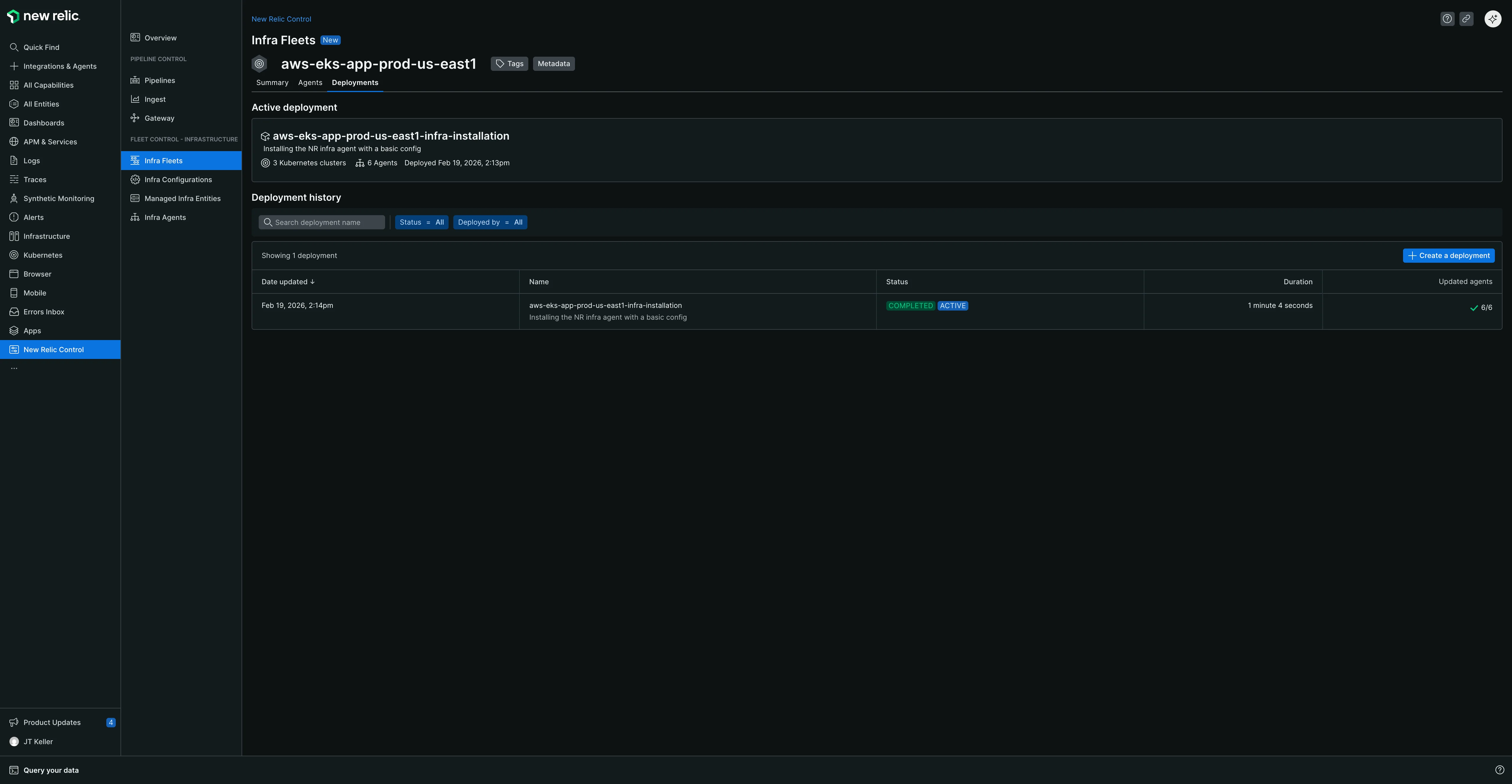 Fleet Deployments tab The Deployments tab showing the active deployment card with deployment details and a deployment history table listing past deployments with dates, names, status badges, durations, and agent counts. Includes Status and Deployed by filter dropdowns and a Create deployment button.