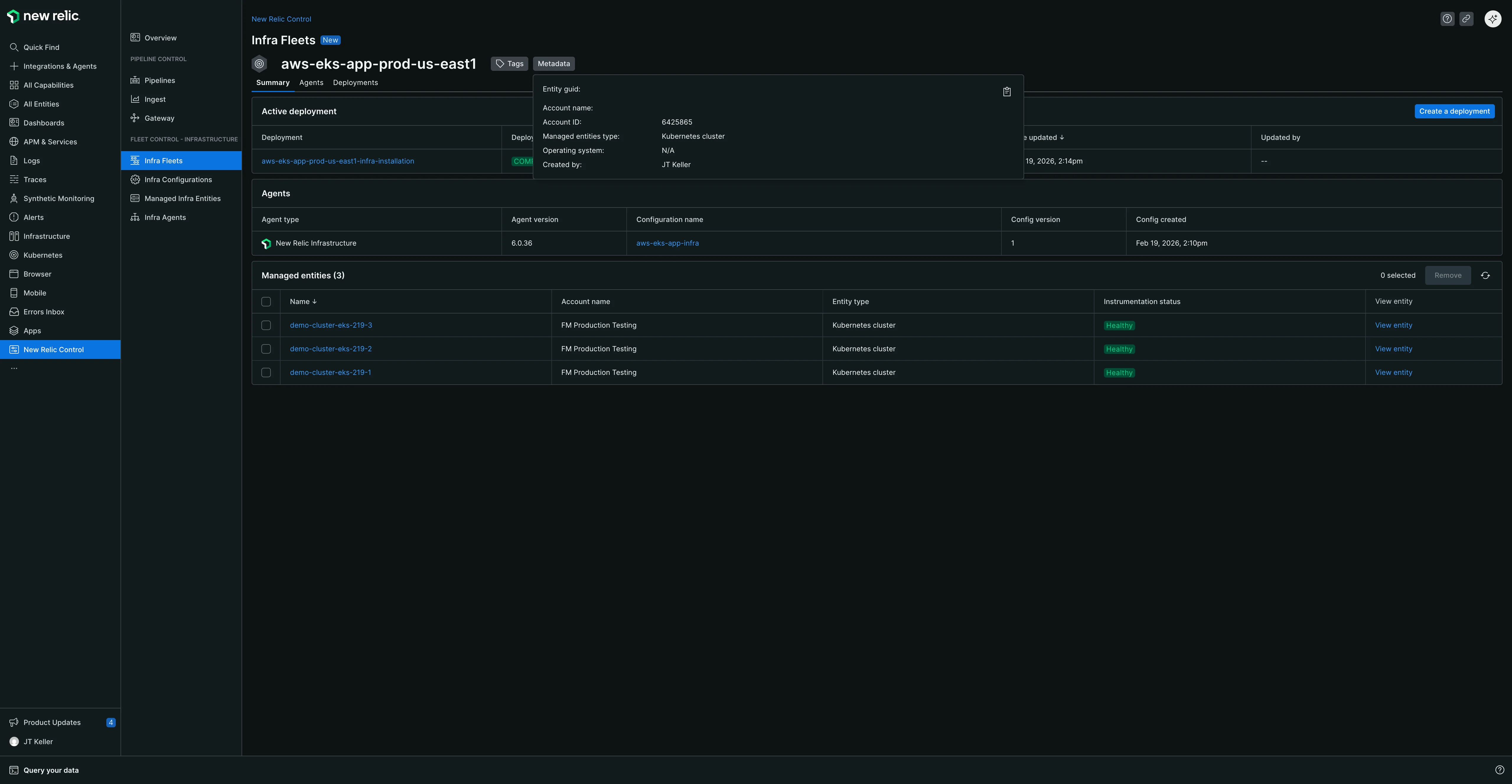 Fleet metadata panel The fleet summary page with the metadata panel opened on the right side, displaying Entity guid, Account ID, Managed entities type, Operating system, and Created by information.