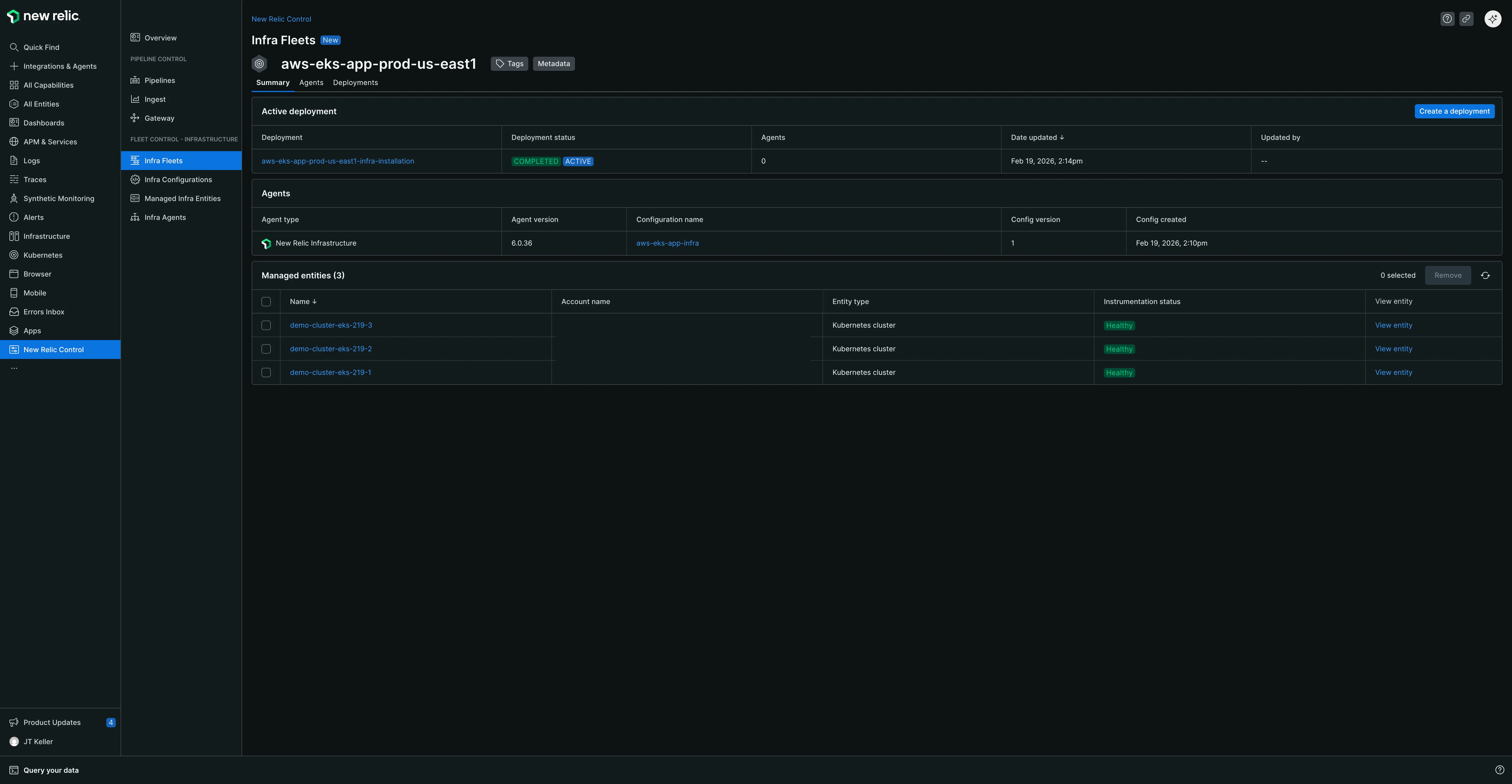 Fleet Summary tab The Summary tab showing the fleet's active deployment status, Agents section with agent type and configuration details, and Managed entities table listing all clusters with health status indicators and entity selection checkboxes.