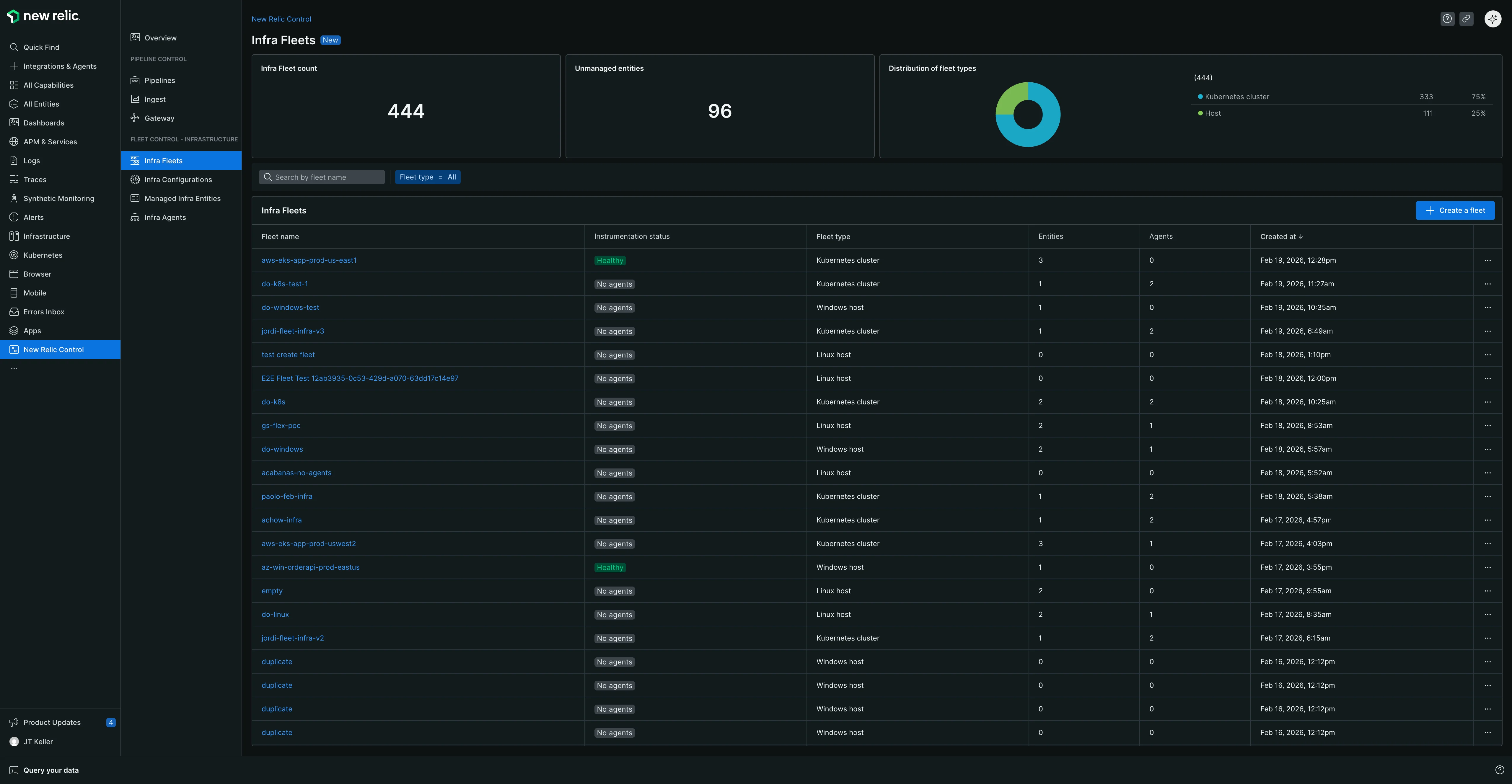 Main Fleets page The main Fleets page showing fleet count, unassigned entities count, distribution chart, and a table listing all fleets with their types, entity counts, and status indicators.