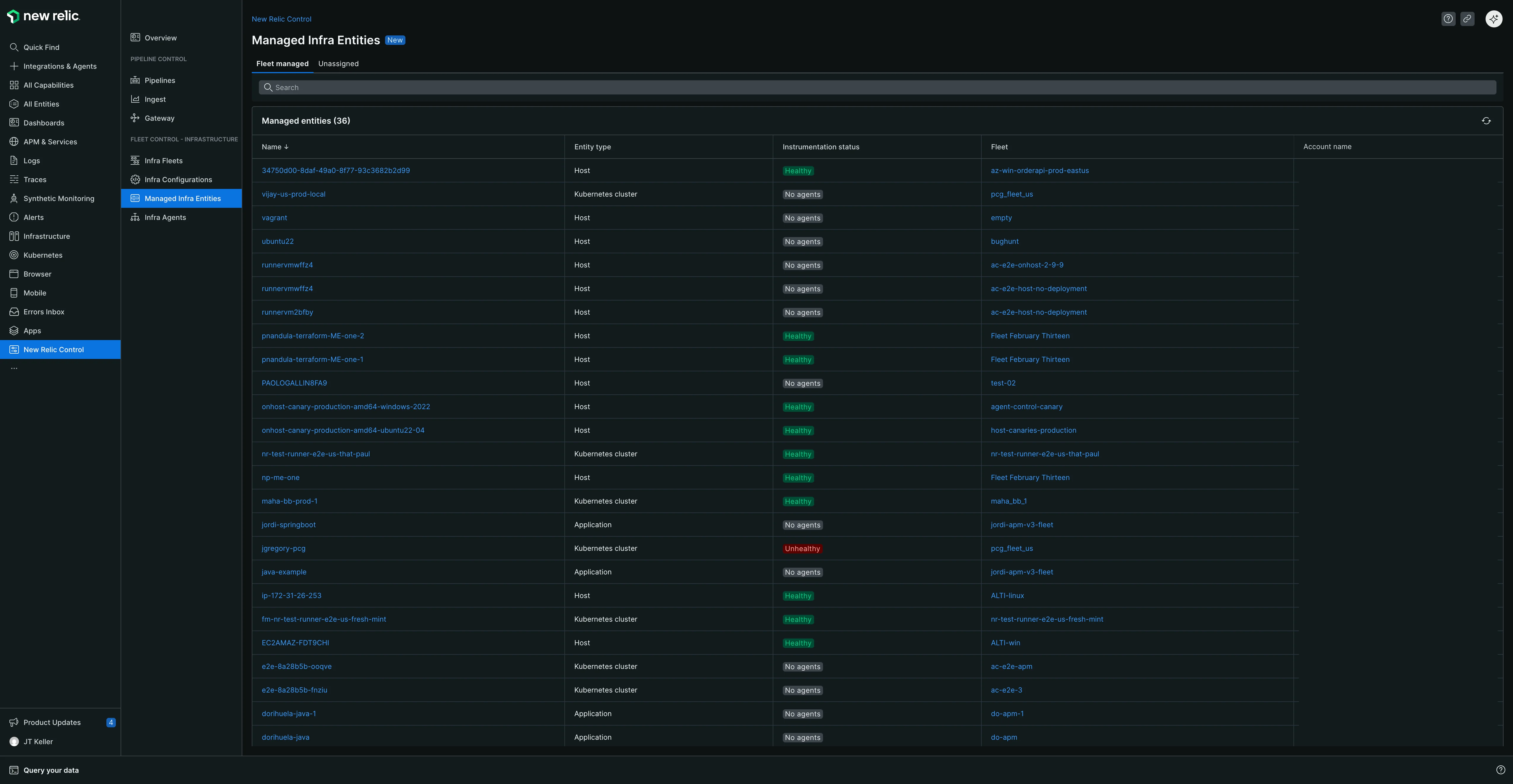 Managed entities page The Fleet managed tab showing all managed entities with columns for entity name, type, instrumentation status with health indicators, fleet assignment, and account name.