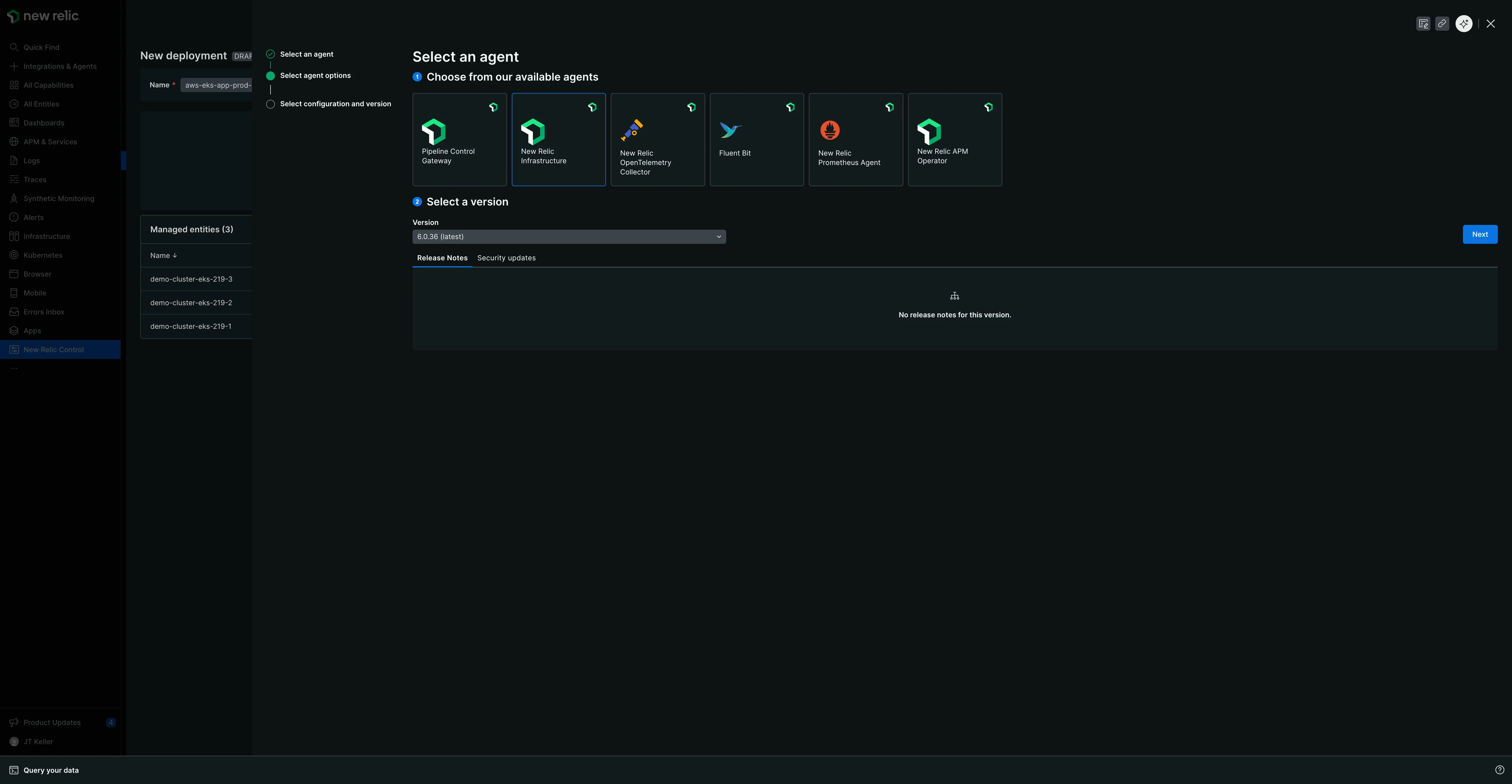 Select agent version The Select an agent modal showing agent type cards and a version dropdown displaying available versions with release notes and security update information.