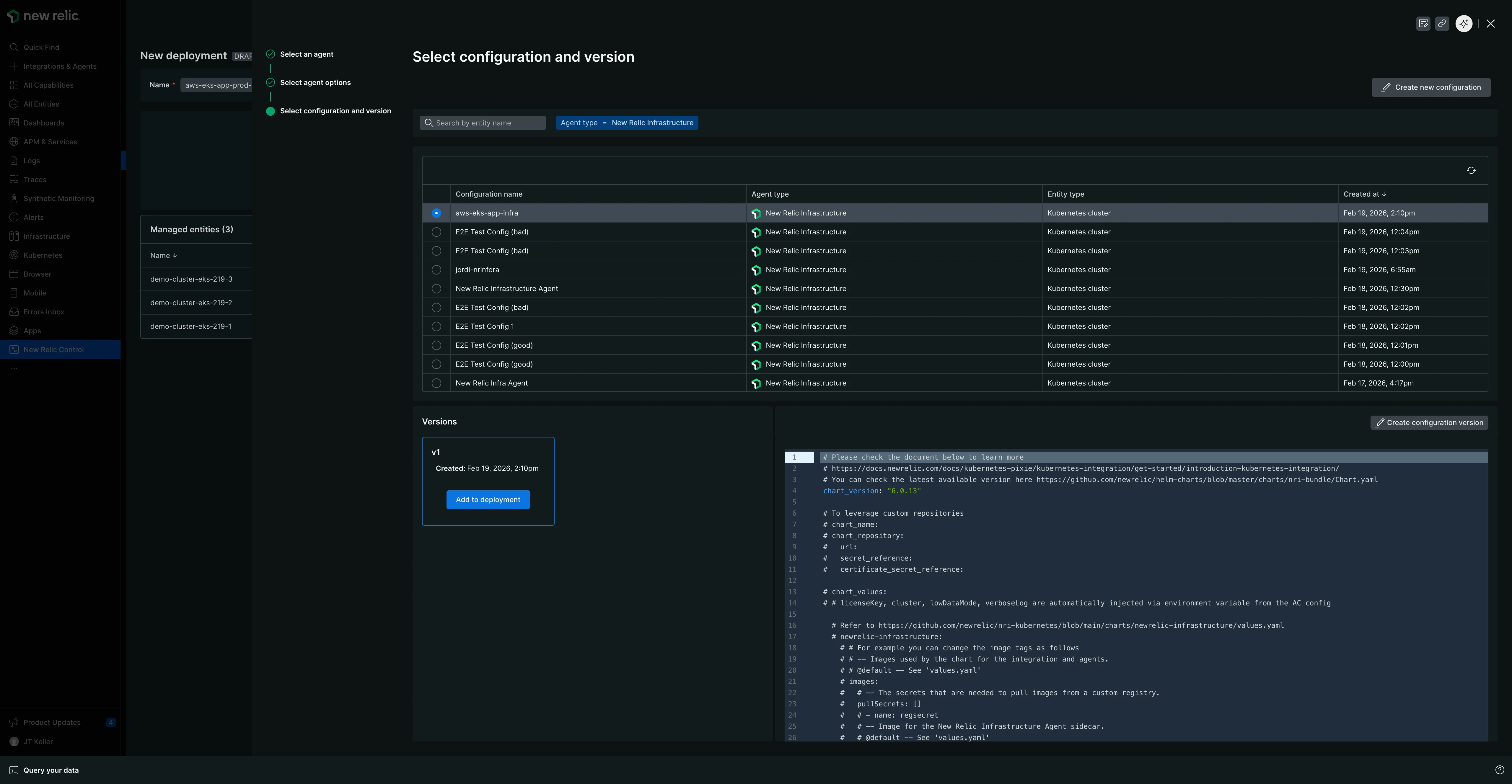 Select configuration modal The Select configuration and version modal showing a table of available configurations filtered by agent type, with configuration details and a preview pane displaying the YAML content of the selected configuration.