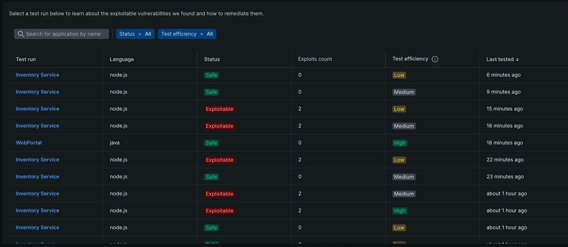 Screenshot showing a table of run tests Screenshot showing a table of run tests
