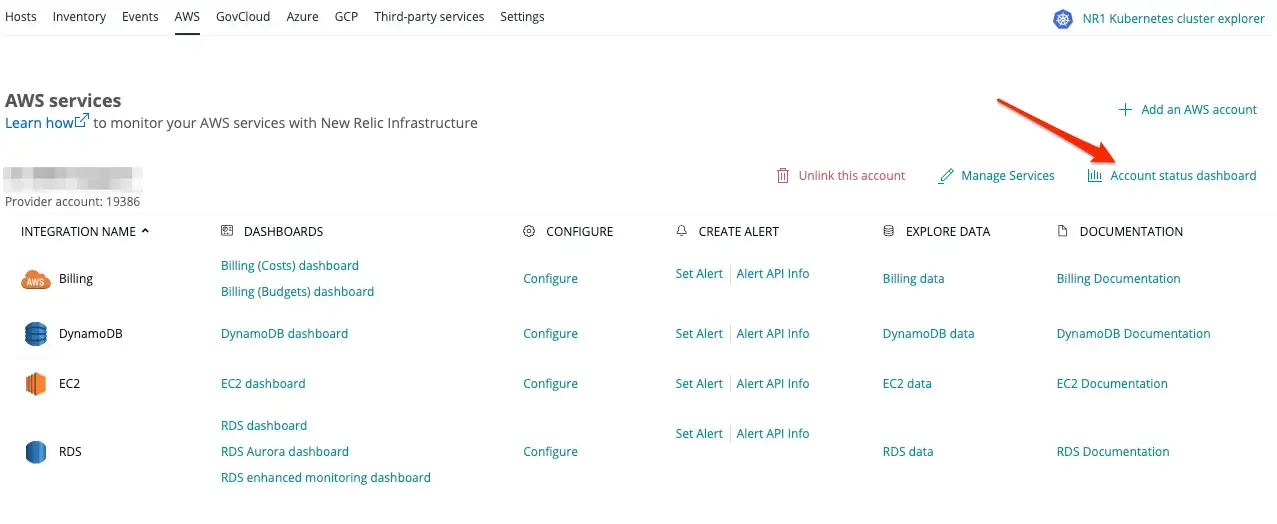 AWS account status dashboard Screenshot showing the account status dashboard.