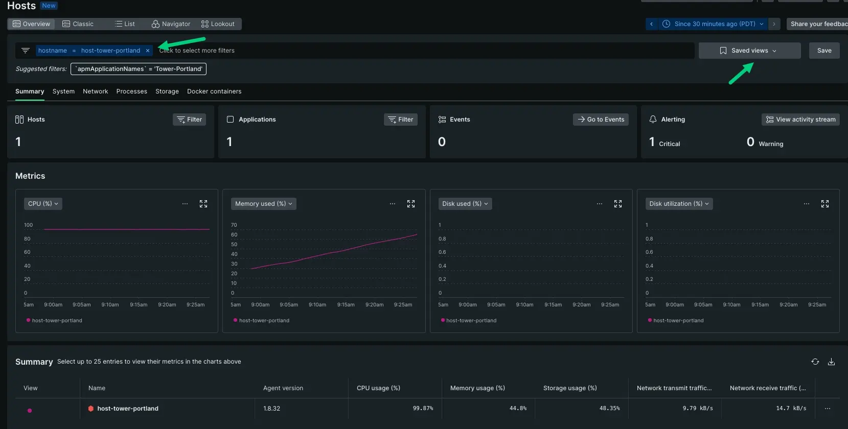 Save a view for external teams A screenshot displaying a summary page scoped to a query. An arrow points to the filter bar and to a button that says Saved view.