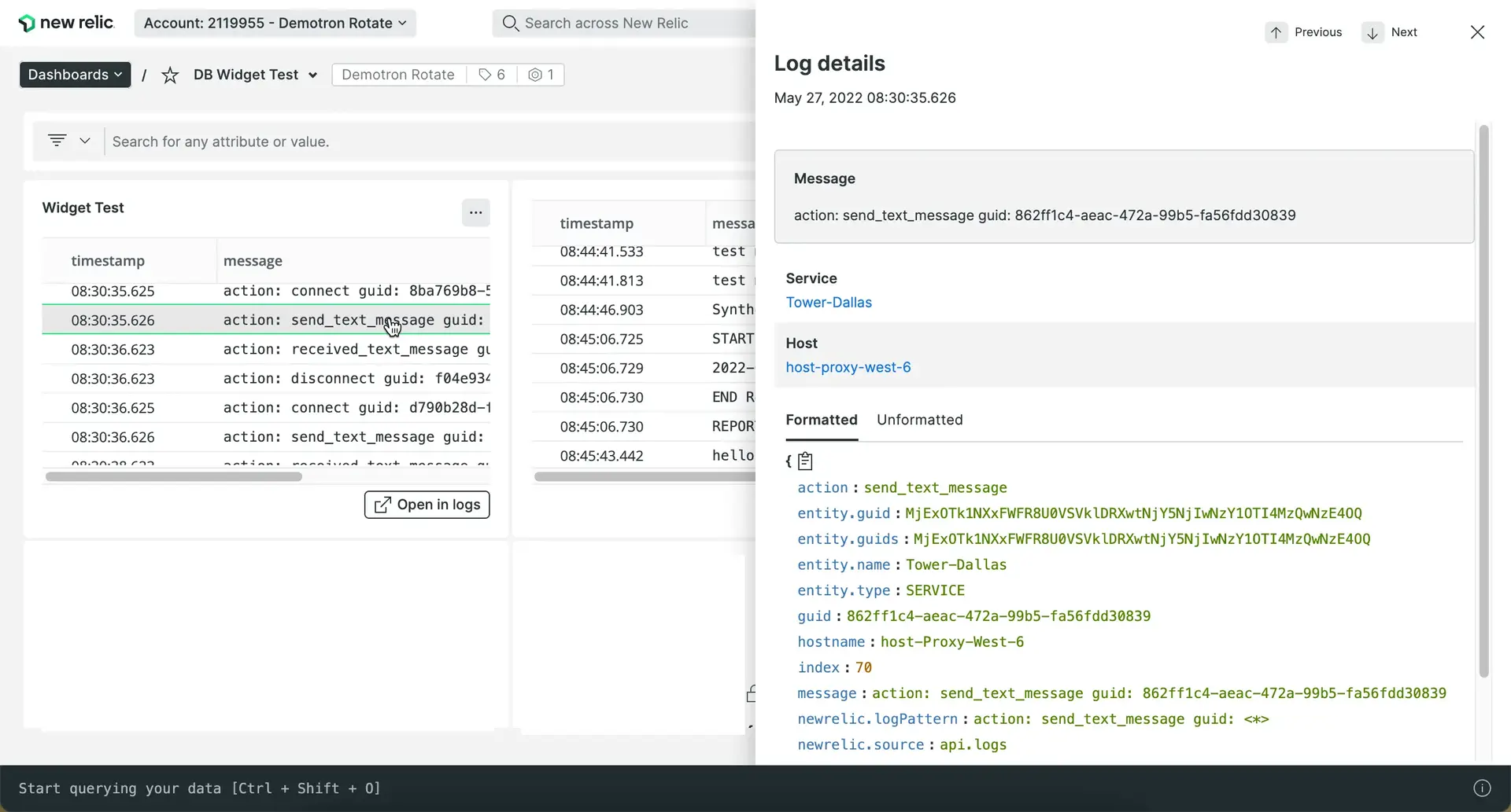 Logs tables in dashboards Screenshot of log tables in Dashboards UI