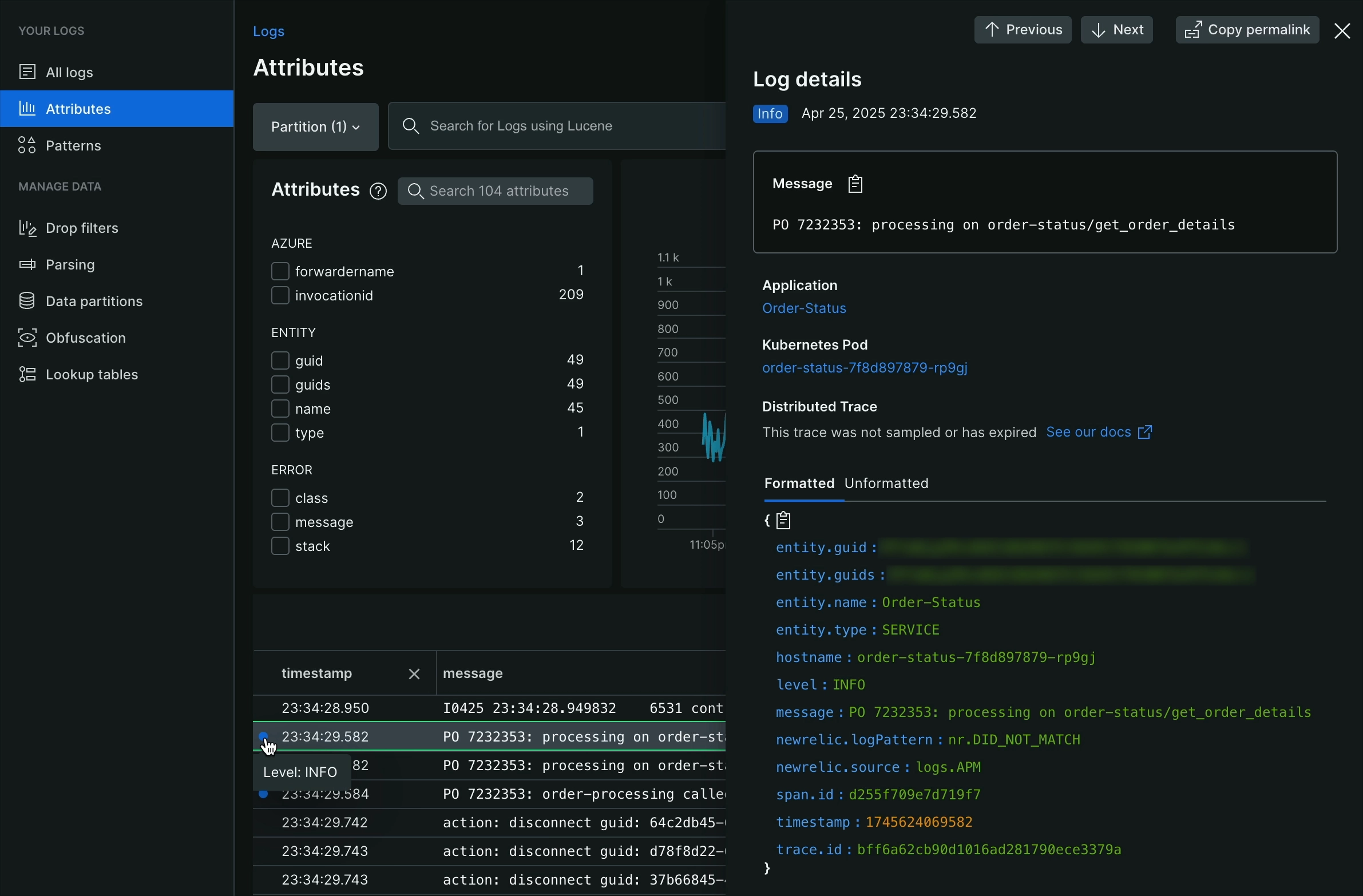 Logs details UI Screenshot of Log details UI including severity level