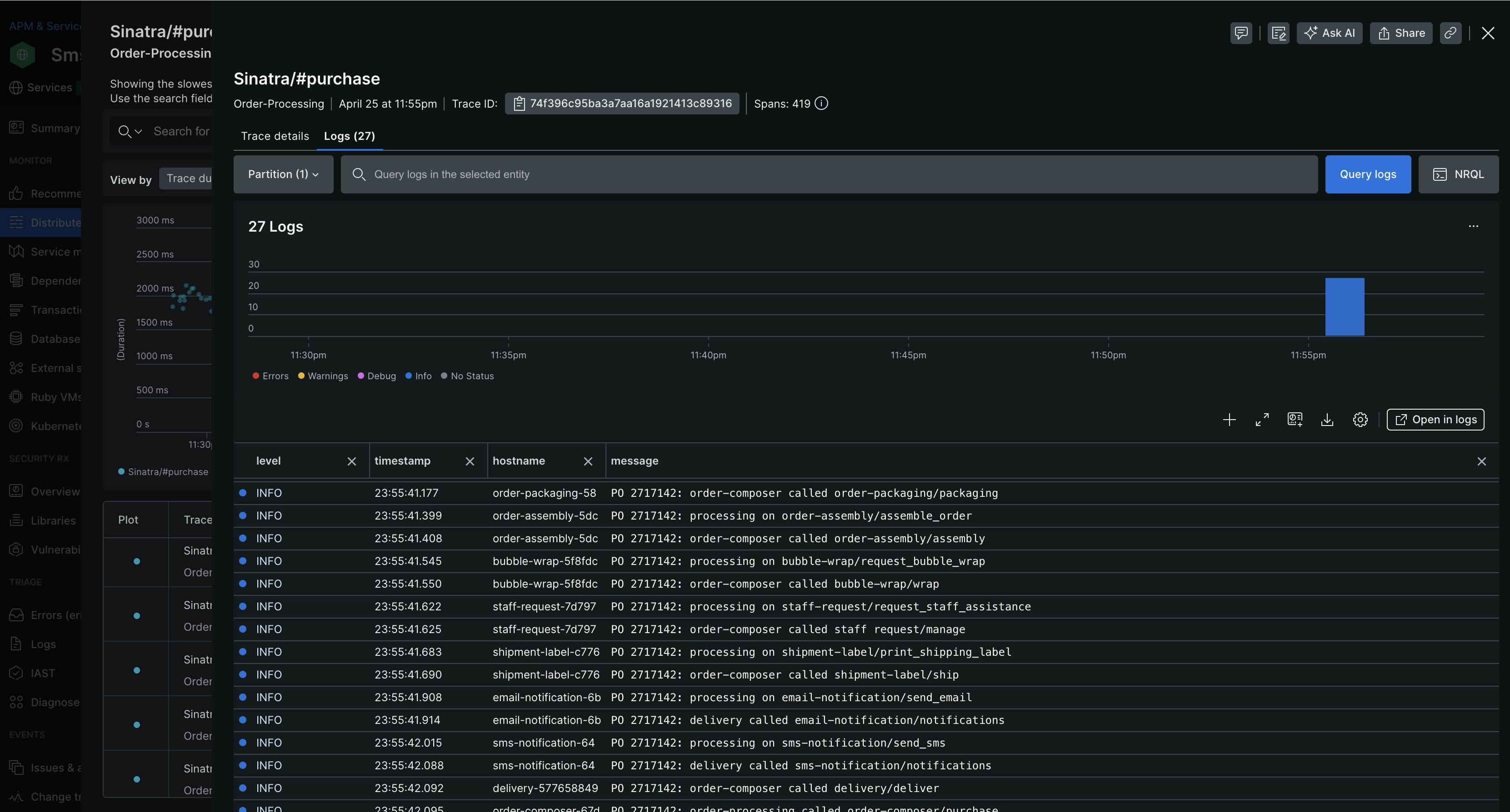 APM distributed tracing UI with logs Screenshot of APM distributed tracing UI with logs
