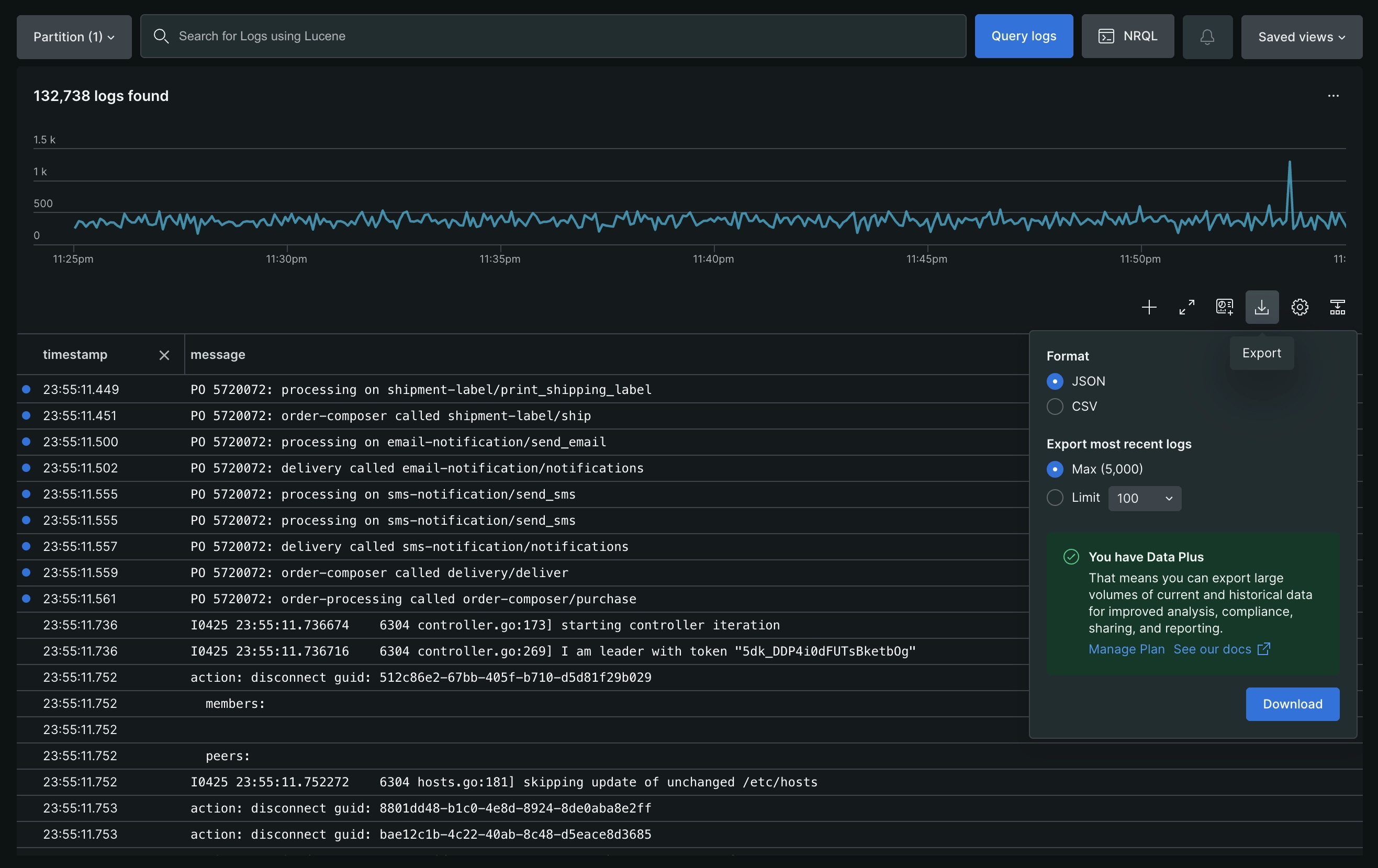 Logs Export UI with details Screenshot of Export UI with details